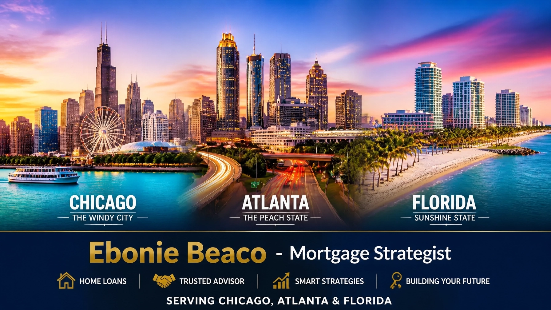 Regional skyline composite representing the diverse real estate markets of Illinois, Georgia, and Florida