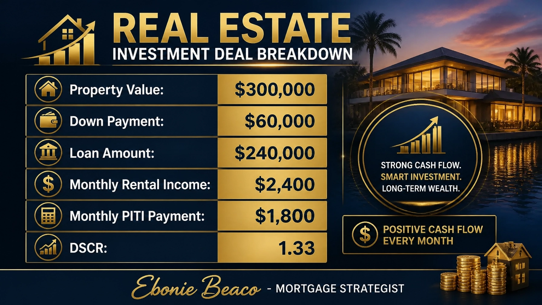 DSCR financial breakdown graphic showing property value, loan details, and a 1.33 ratio calculation