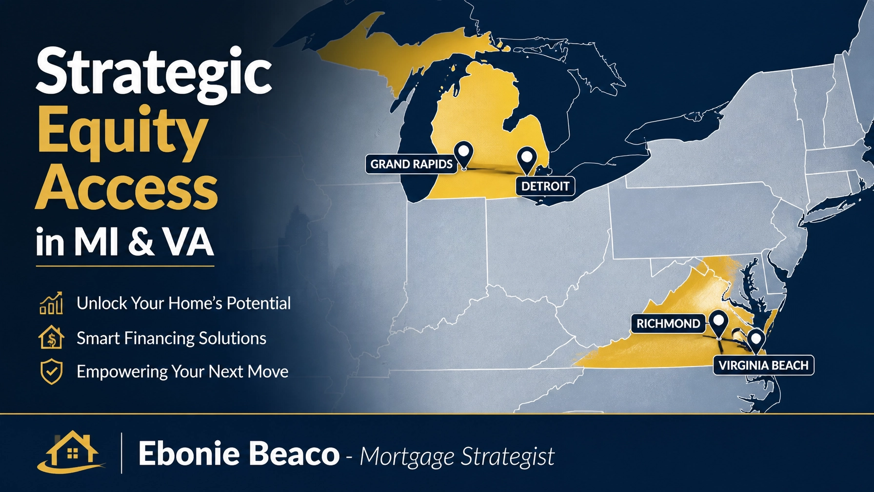 A map graphic highlighting Michigan and Virginia for strategic equity access.
