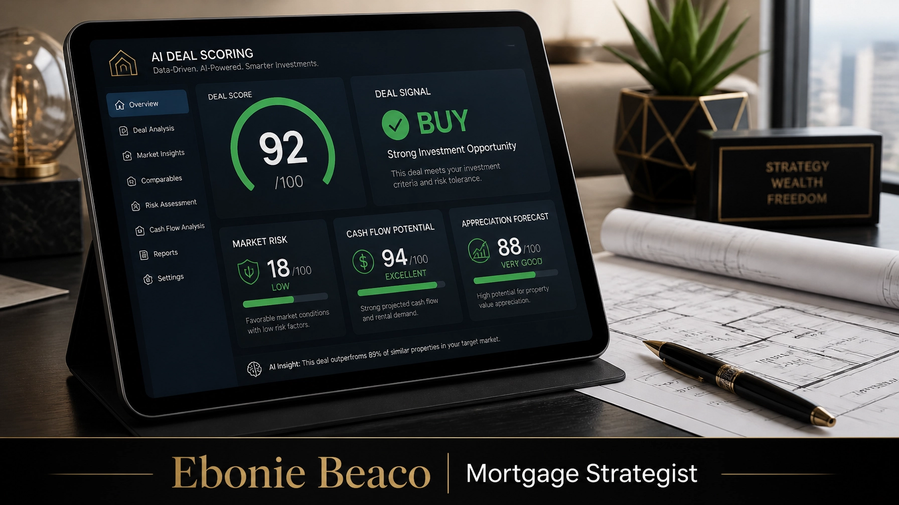 A digital tablet showing an AI Deal Scoring interface with a 92/100 score and broken-down metrics for market risk and cash flow.