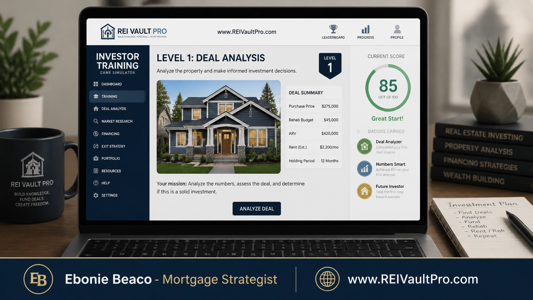 Illustration of a professional real estate investor training game level.