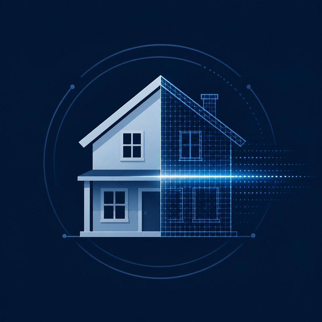 A minimalist graphical illustration of a house icon being digitaly scanned