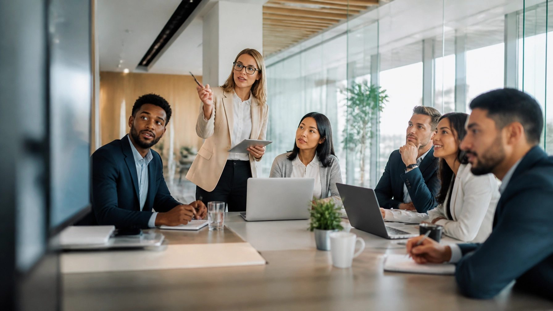 A group of professional investors in a modern glass conference room