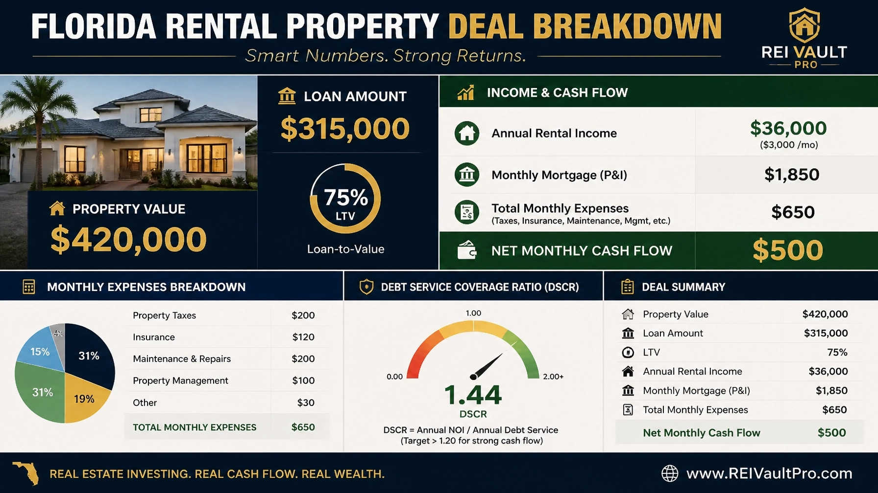 Florida real estate deal breakdown infographic showing DSCR calculation for a $420,000 property