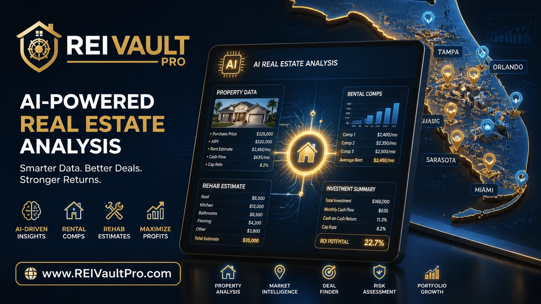 AI-powered real estate analysis platform illustration showing Florida market data and glowing nodes