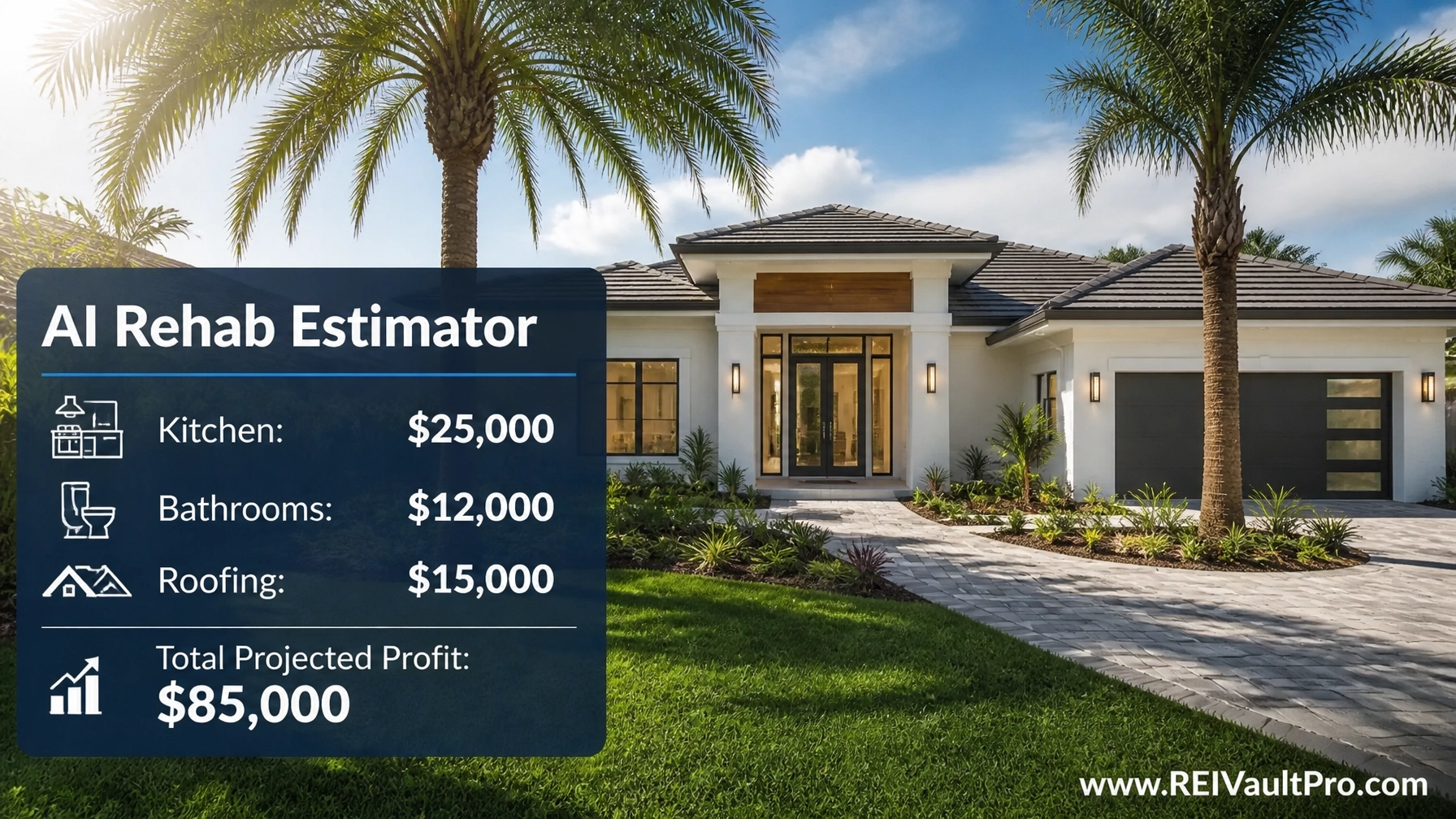 AI Rehab Estimator dashboard showing renovation costs and projected profit for a Florida home