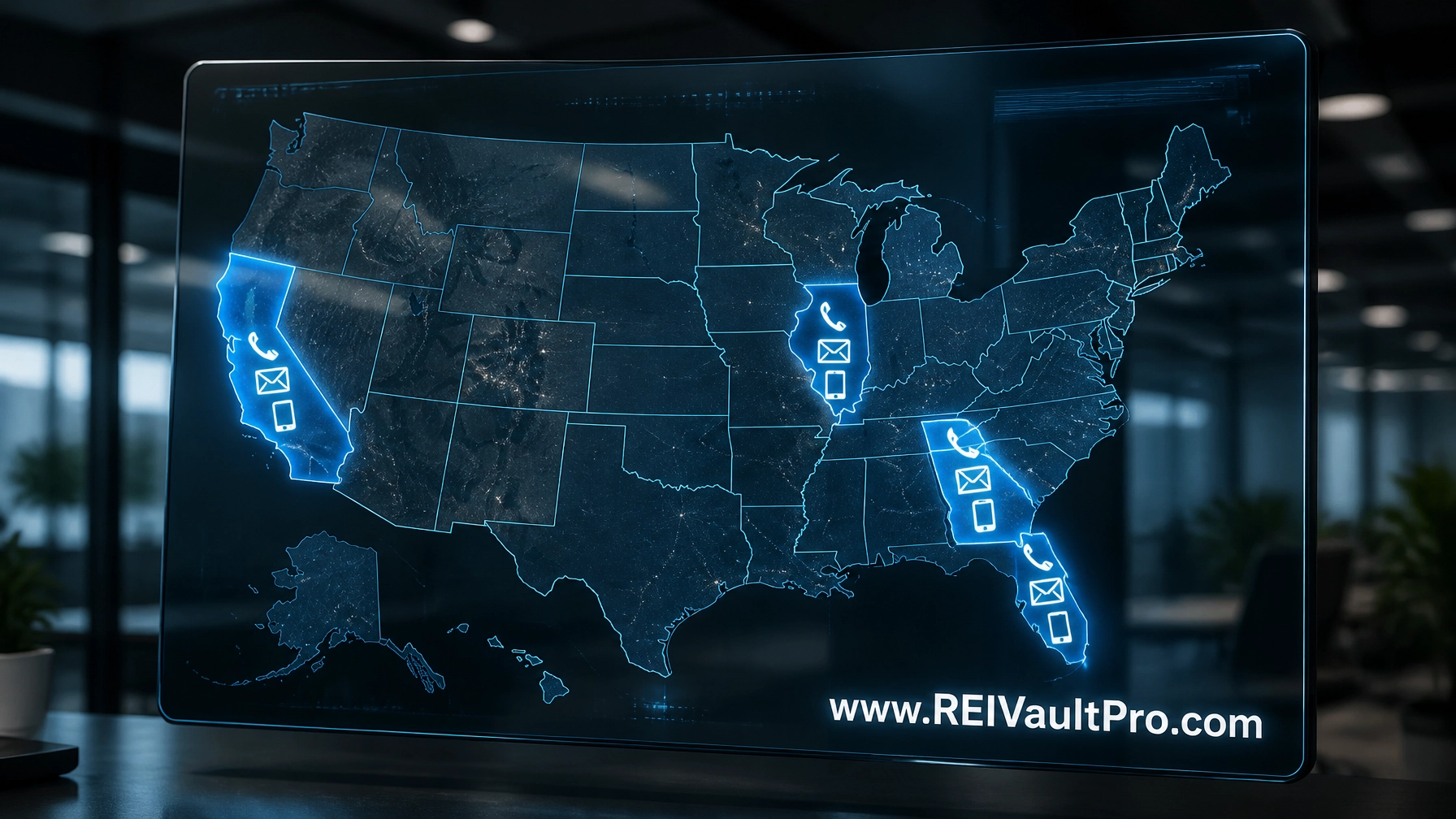A professional map of the United States highlighting several states with glowing icons representing different communication channels.