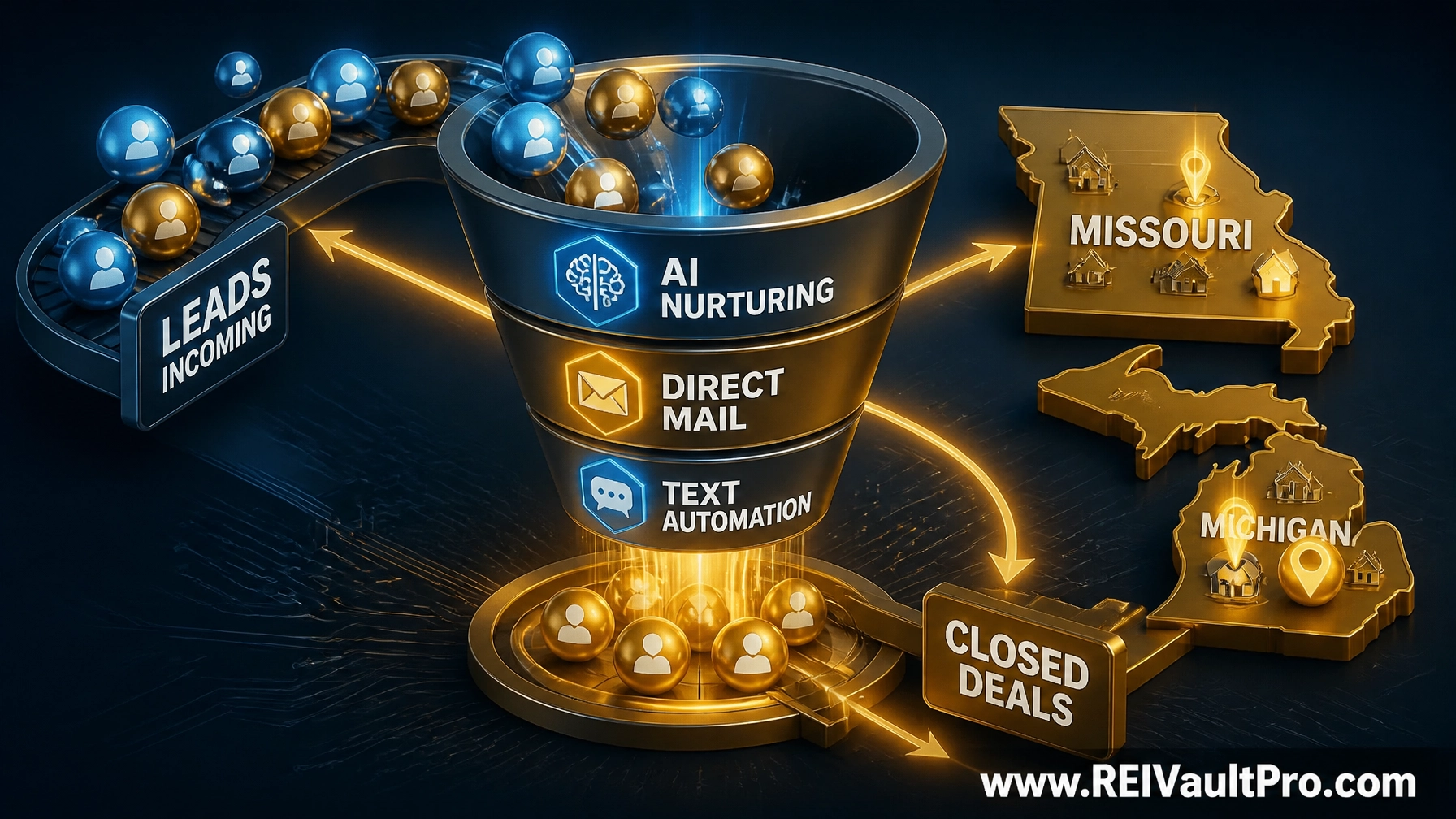 A 3D isometric illustration of an automated marketing funnel showing leads passing through AI nurturing and text automation layers.