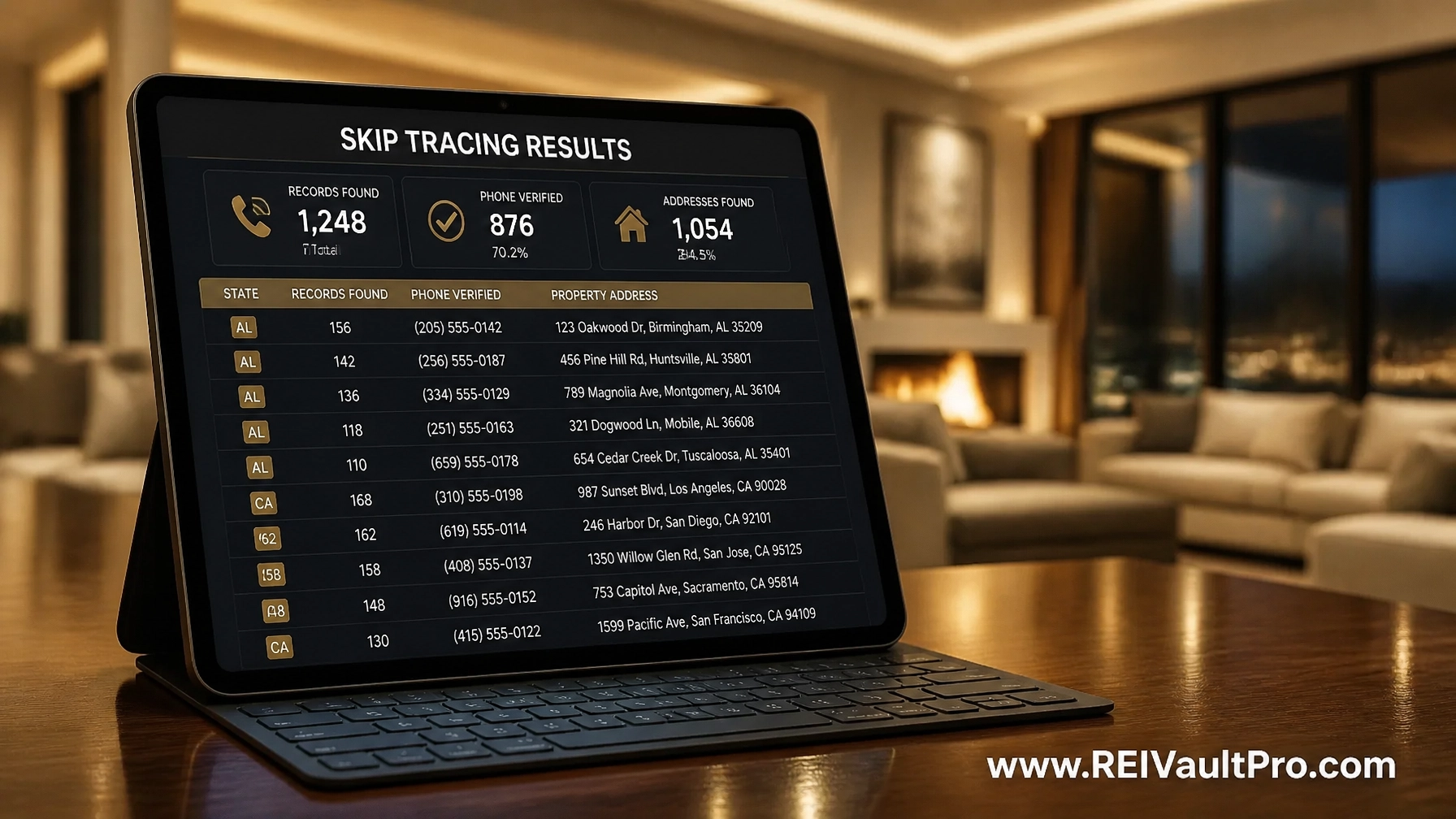 A professional tablet screen showing a detailed Skip Tracing Results report with verified data for properties in Alabama and California.
