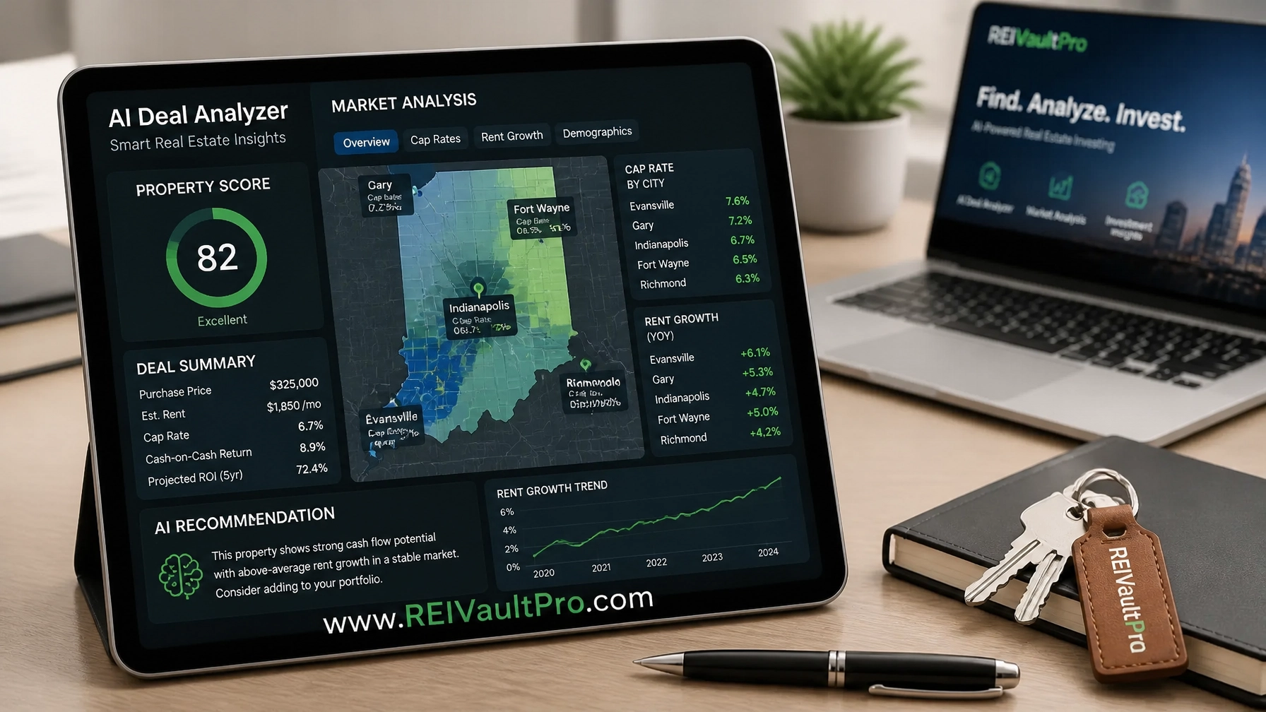 Digital dashboard showing AI Deal Analyzer and Market Analysis tools for Indiana real estate.