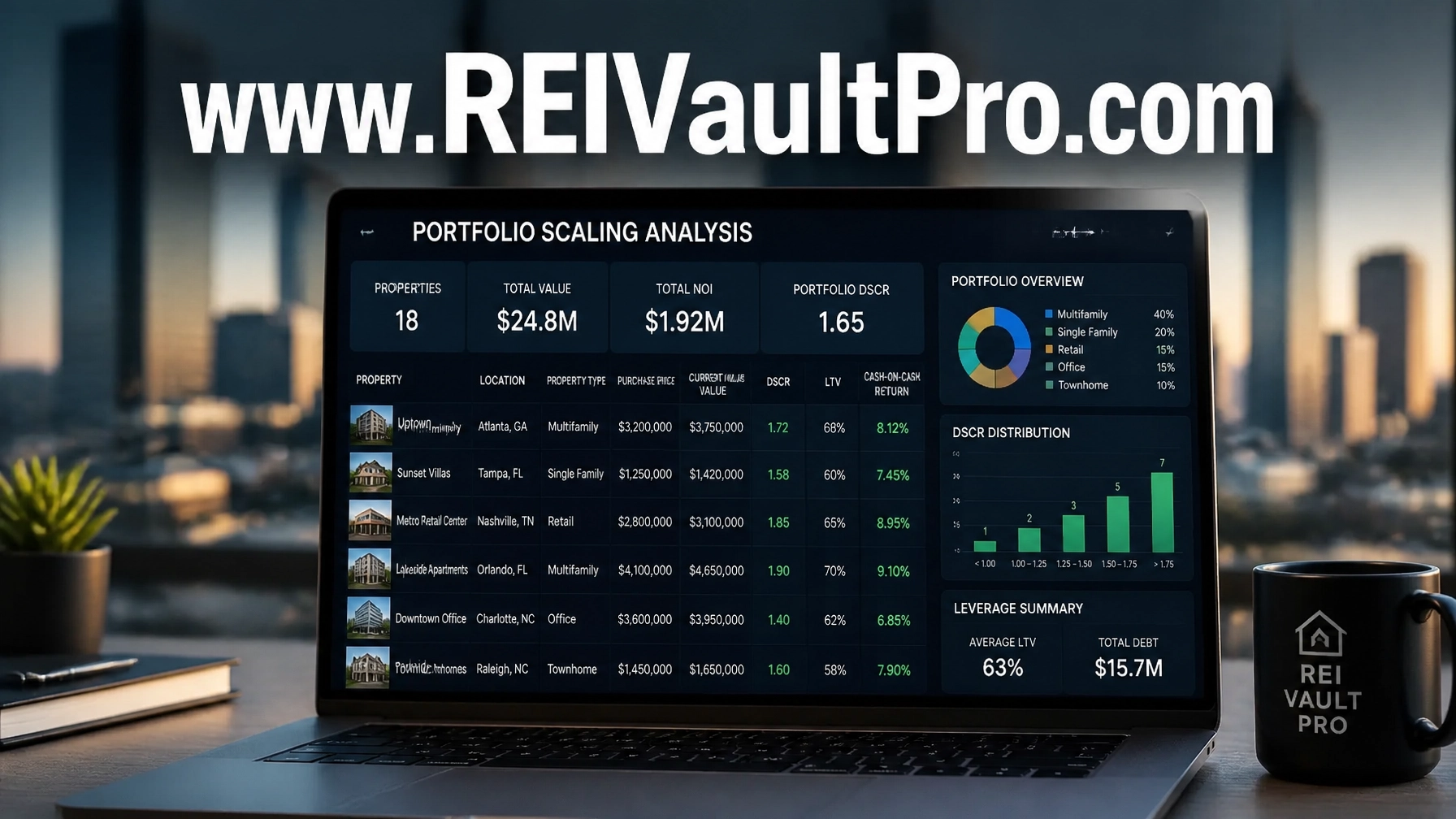 High-tech real estate investment dashboard showing portfolio scaling metrics and DSCR analysis