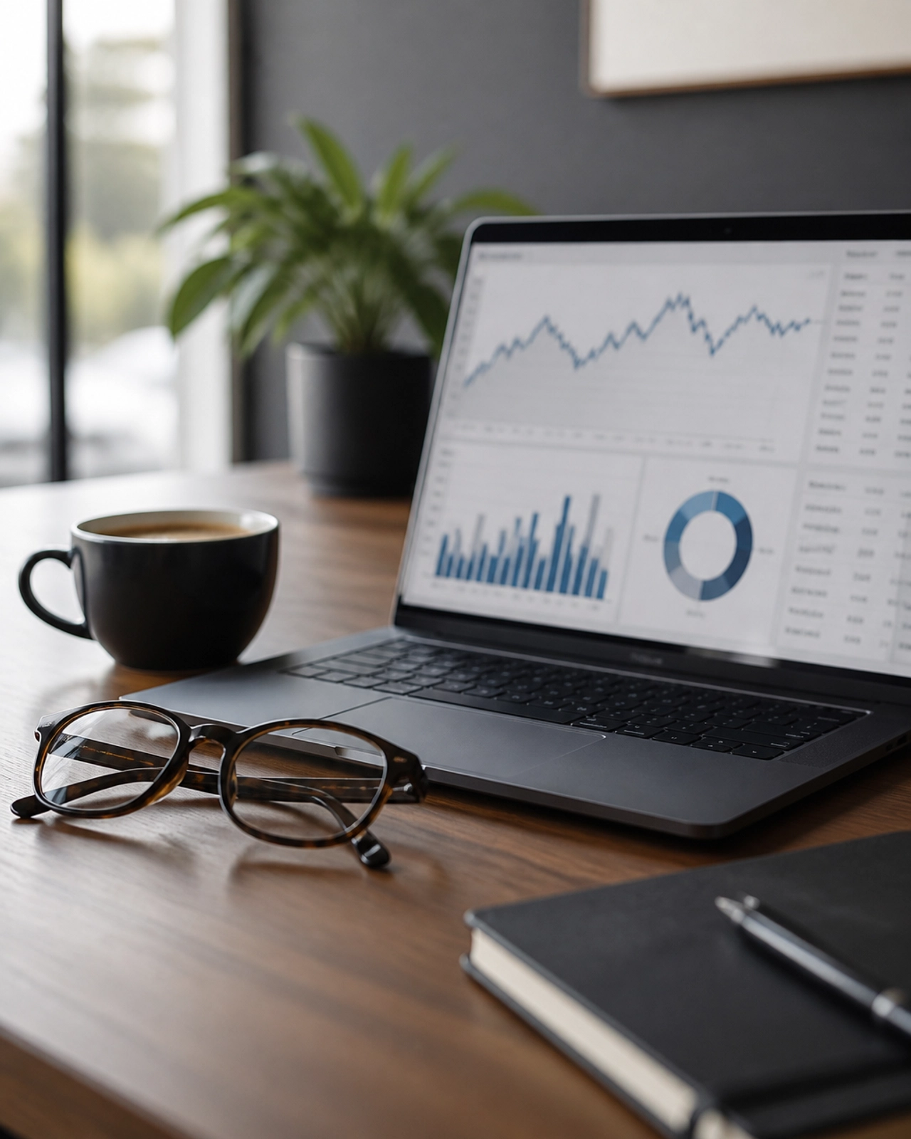 A professional real estate investor's workspace with a modern laptop and financial charts