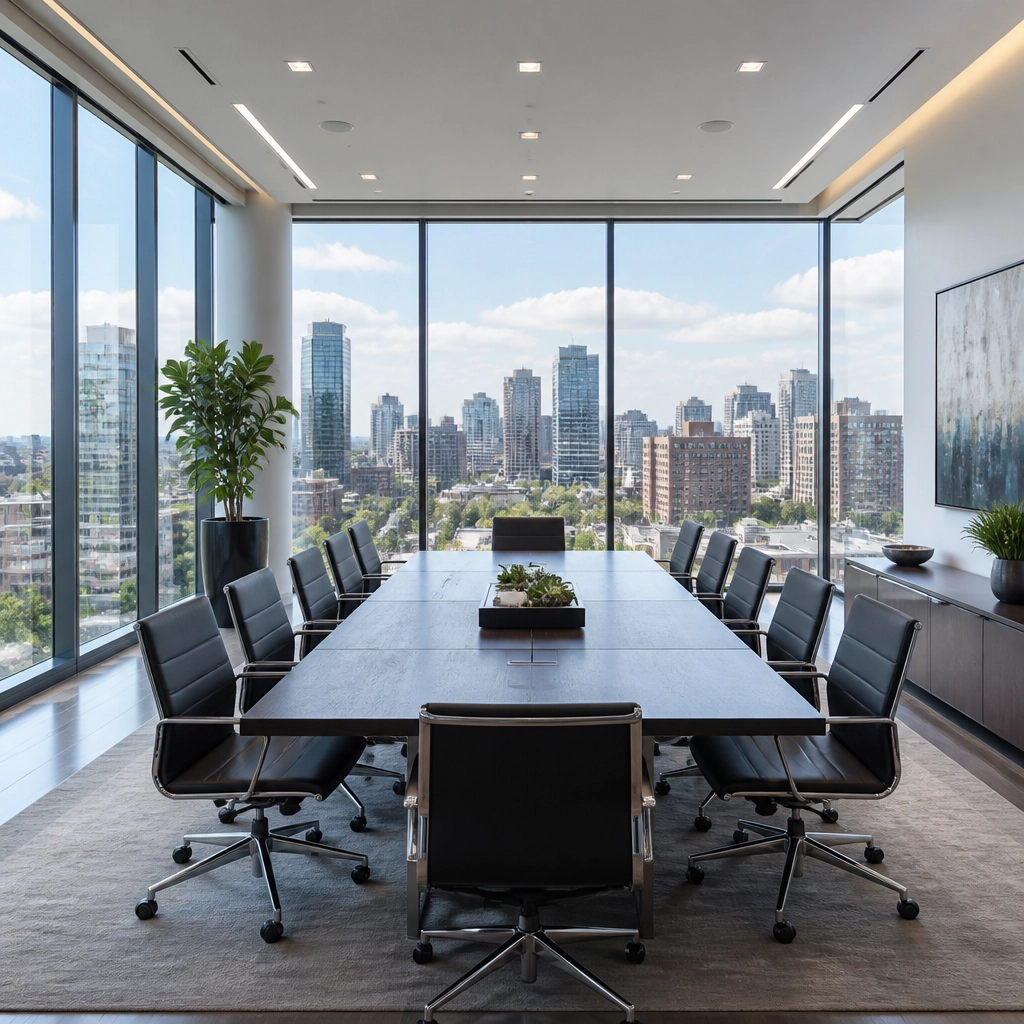 An interior view of a glass-walled conference room overlooking a city skyline