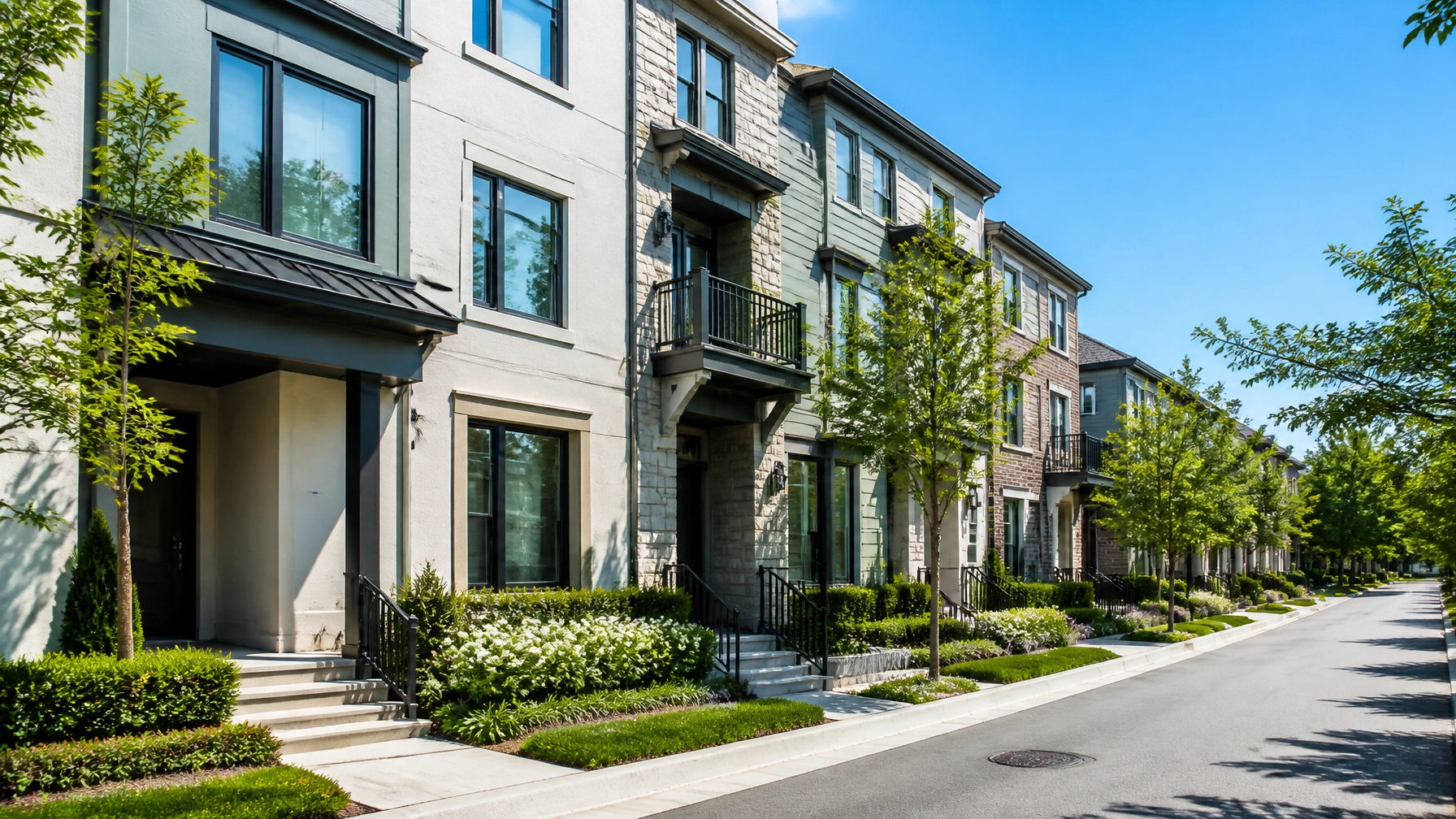 A row of modern, upscale townhomes on a clean, landscaped street