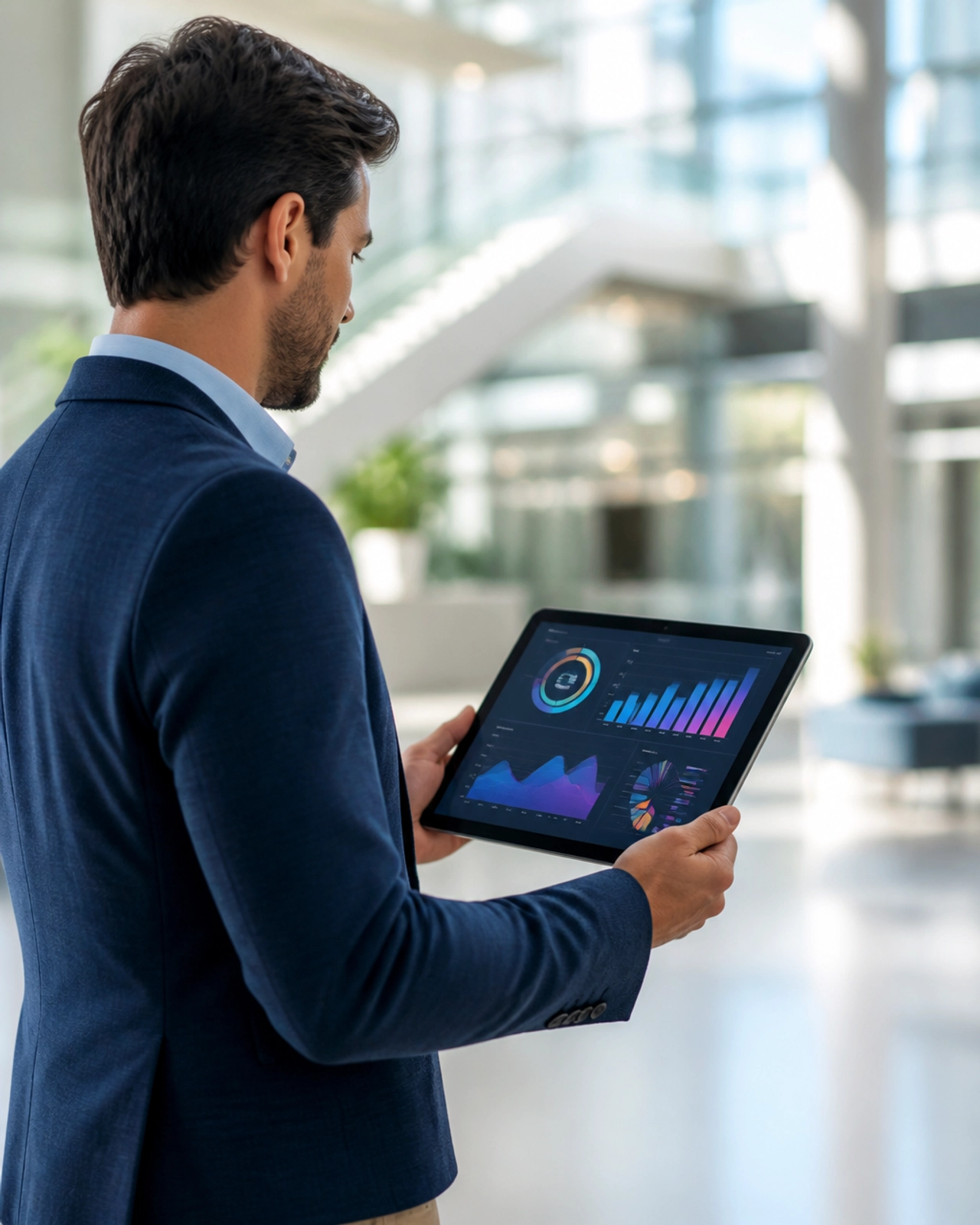 A professional holding a tablet displaying data visualizations in a modern space