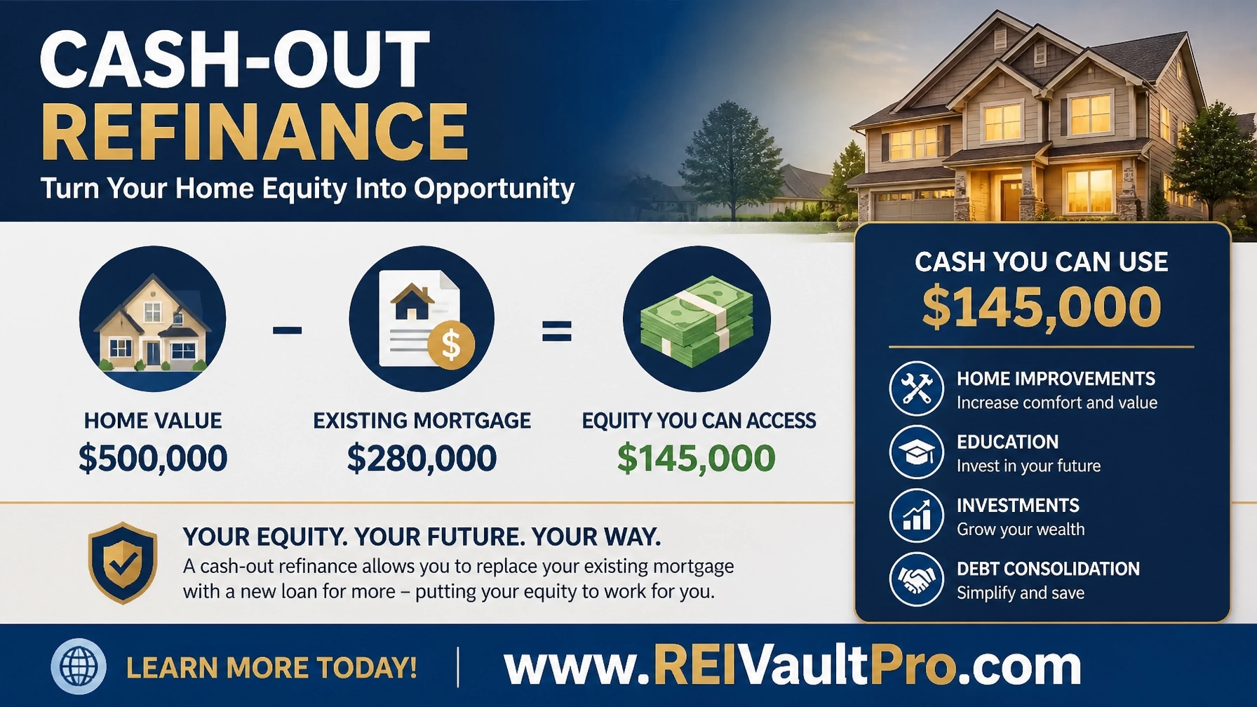 Cash-out refinance infographic showing equity access from a home