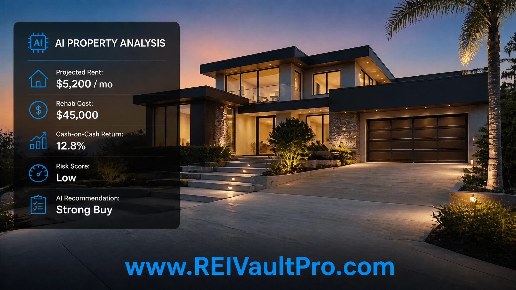 Modern house with AI analysis tags for rent and rehab costs