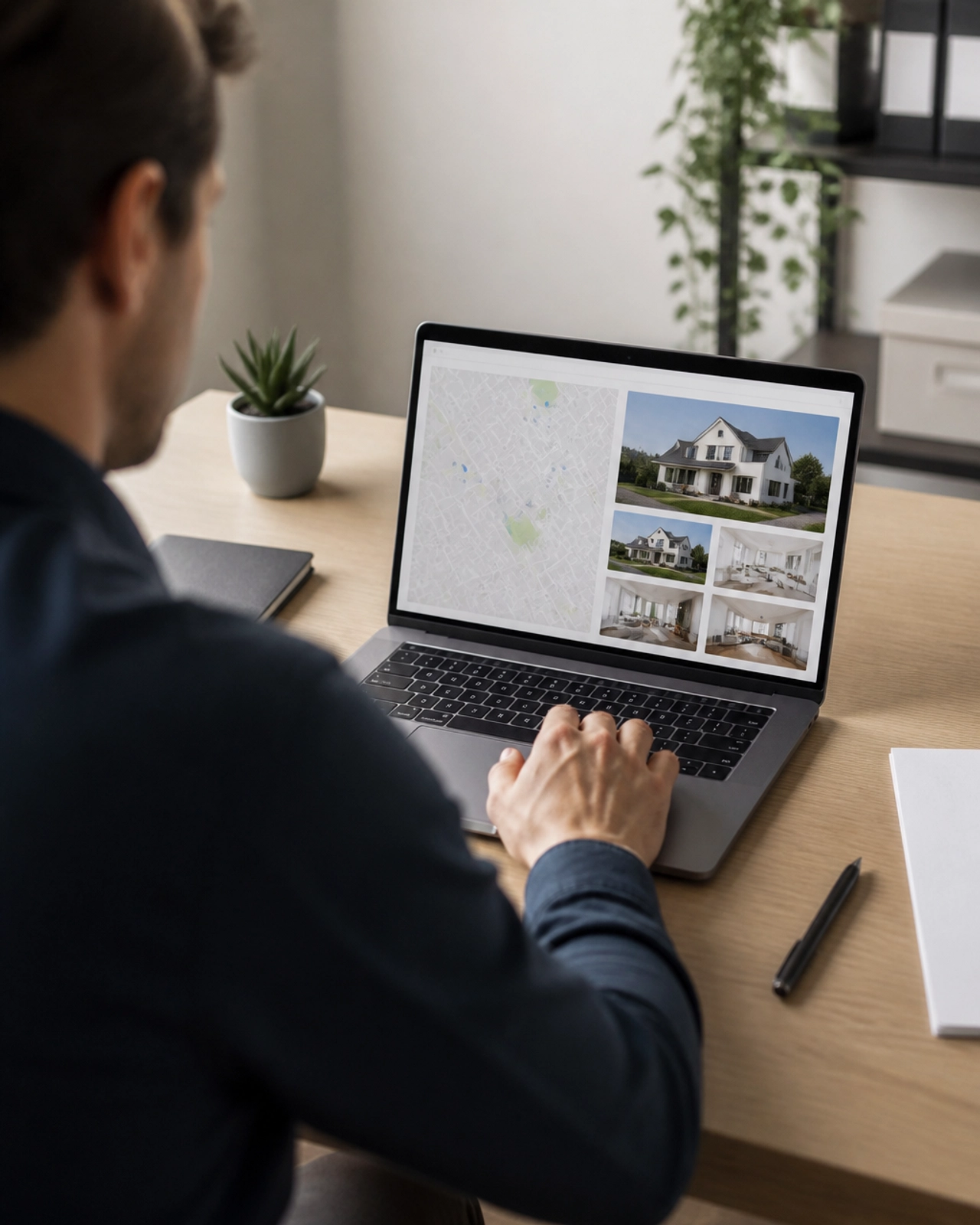 Investor using a laptop to review property reports in a clean, modern office