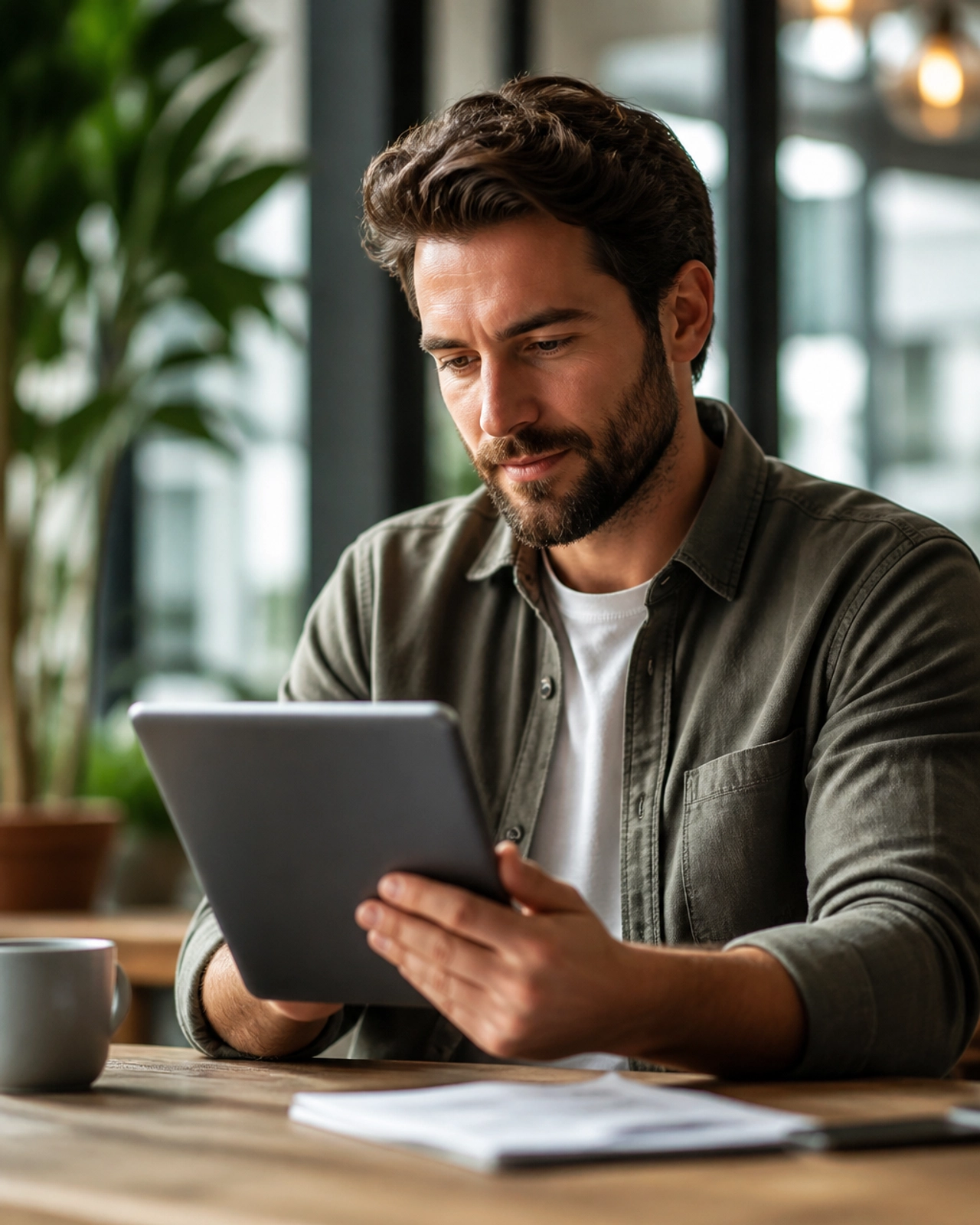 A professional real estate investor reviewing property data on a tablet