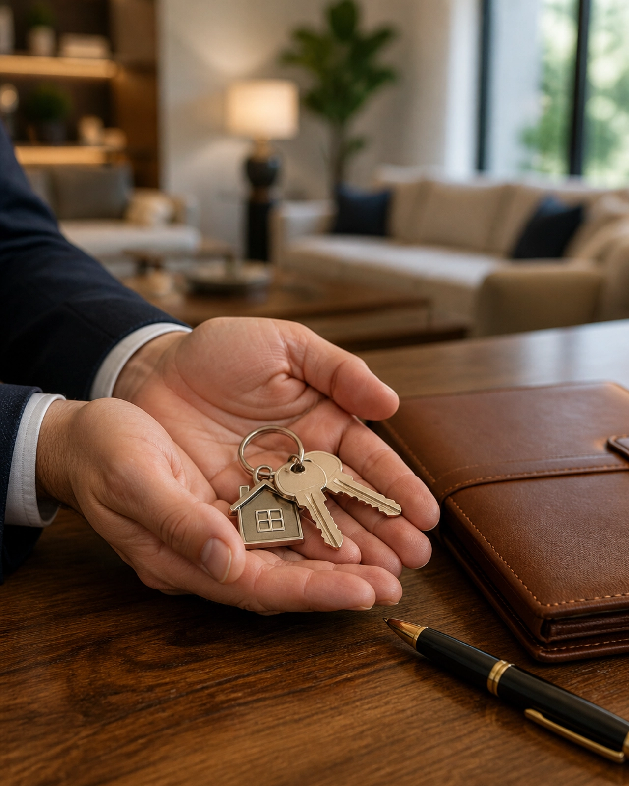 Close-up of a real estate transaction closing with house keys and a professional folder