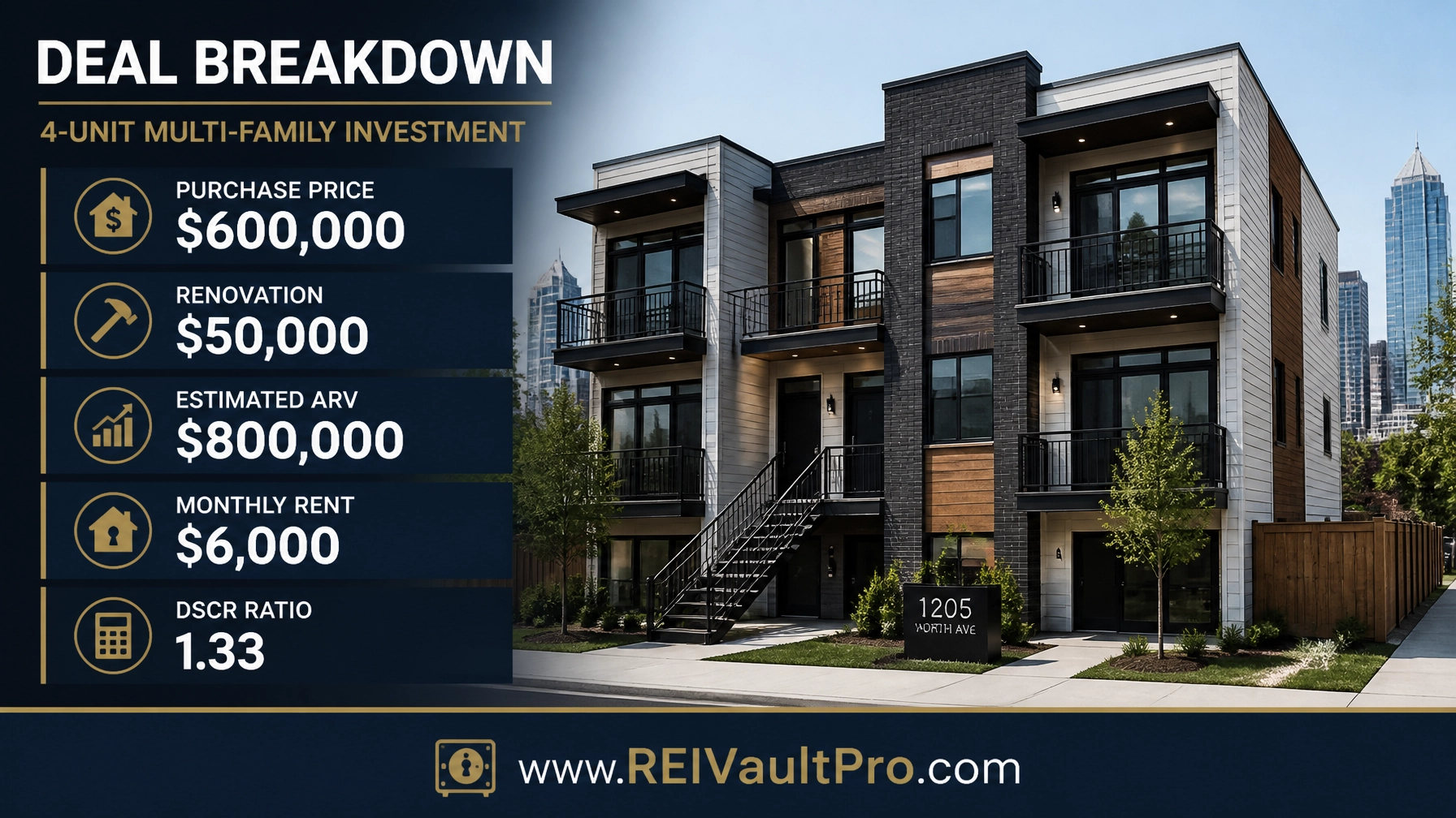 Calculation chart for a Chicago 4-unit property deal including purchase price, renovation, and DSCR ratio