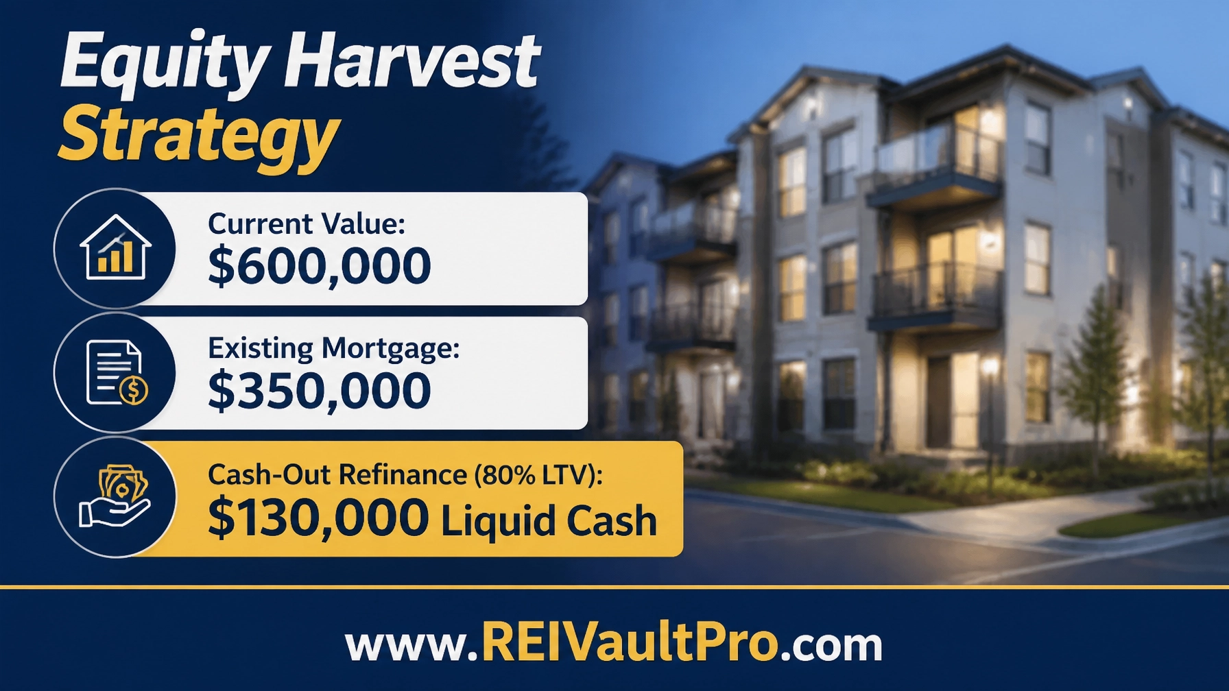 Financial calculation graphic showing an Equity Harvest Strategy through a cash-out refinance