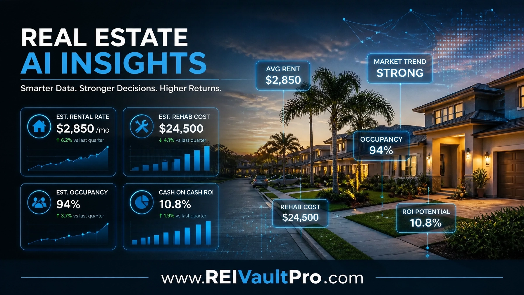 A professional graphic illustrating AI-driven real estate insights and data points over a suburban street