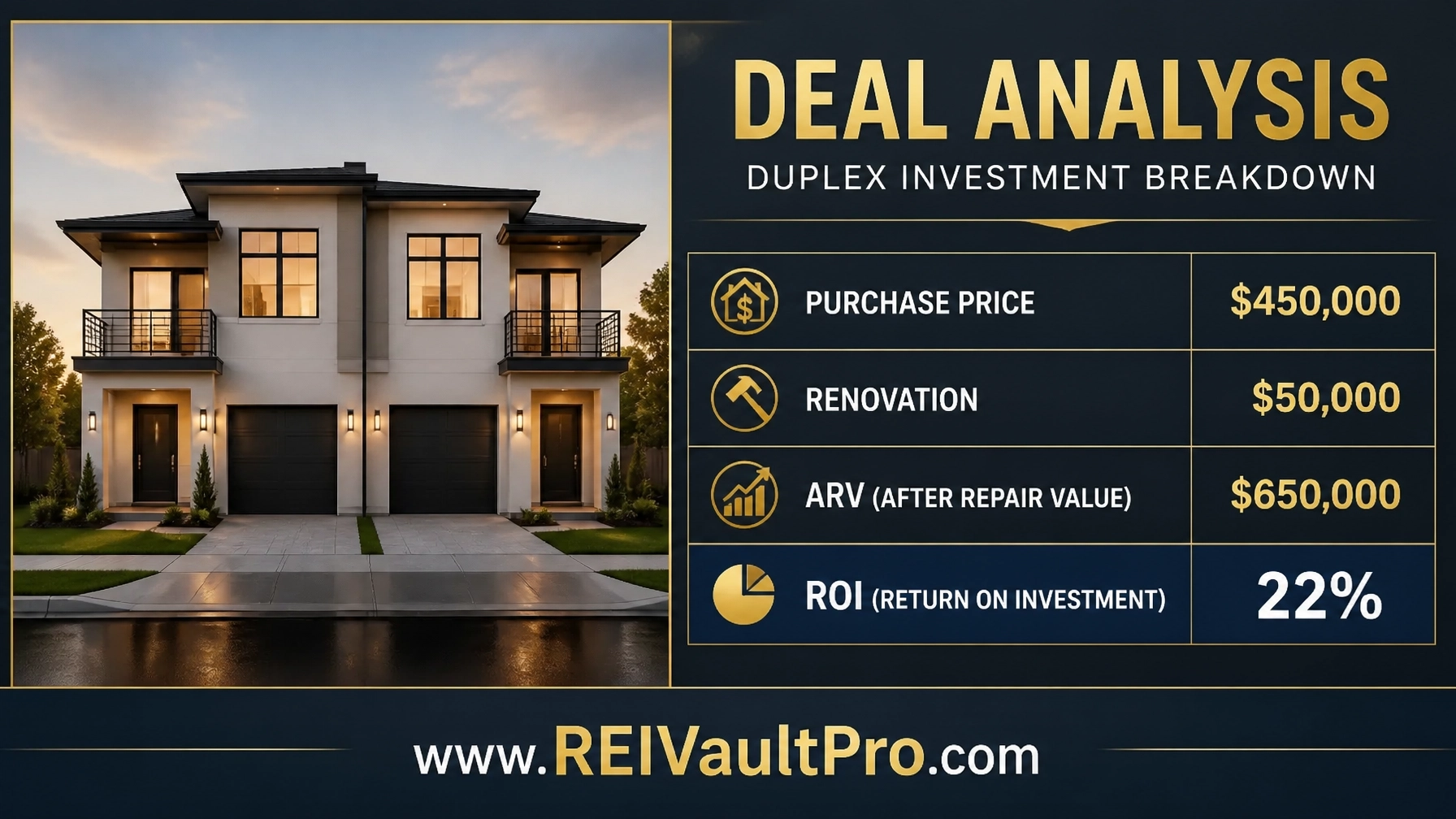 A professional financial infographic showing a duplex deal analysis with purchase price, renovation costs, and ROI