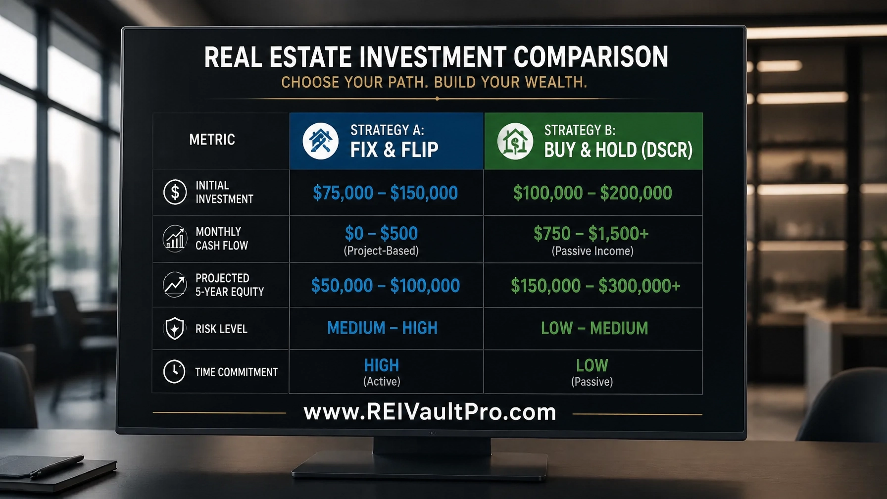 Real estate investment comparison chart comparing Fix & Flip vs Buy & Hold strategies