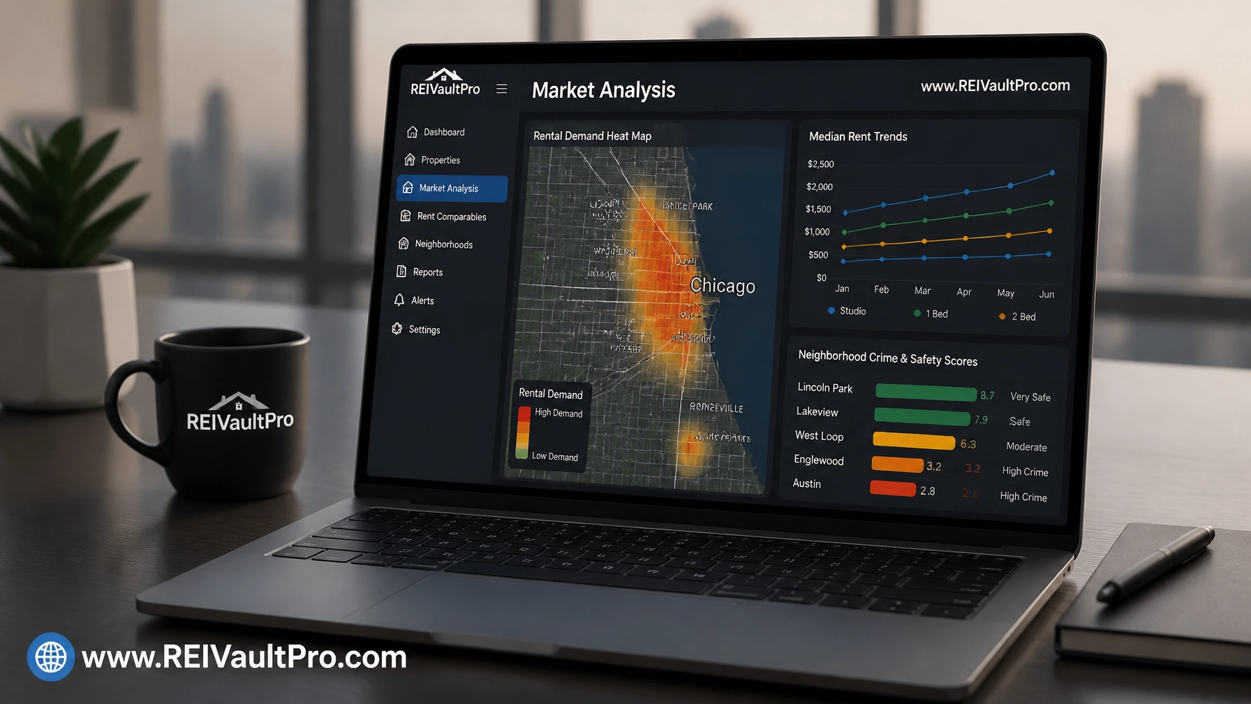 Professional digital dashboard showing market analysis and rental demand heat maps