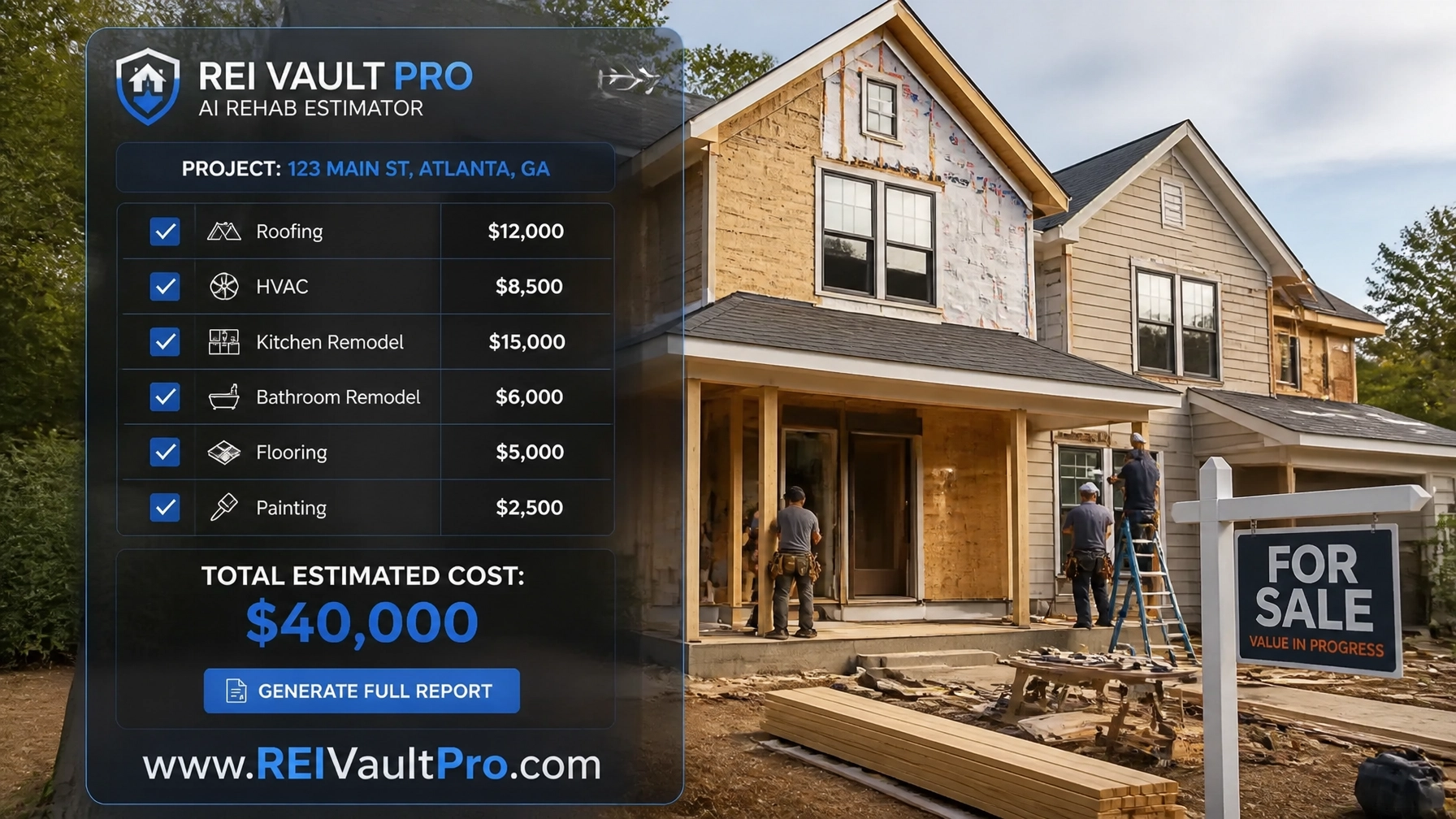 Residential property under renovation with an AI Rehab Estimator checklist overlay