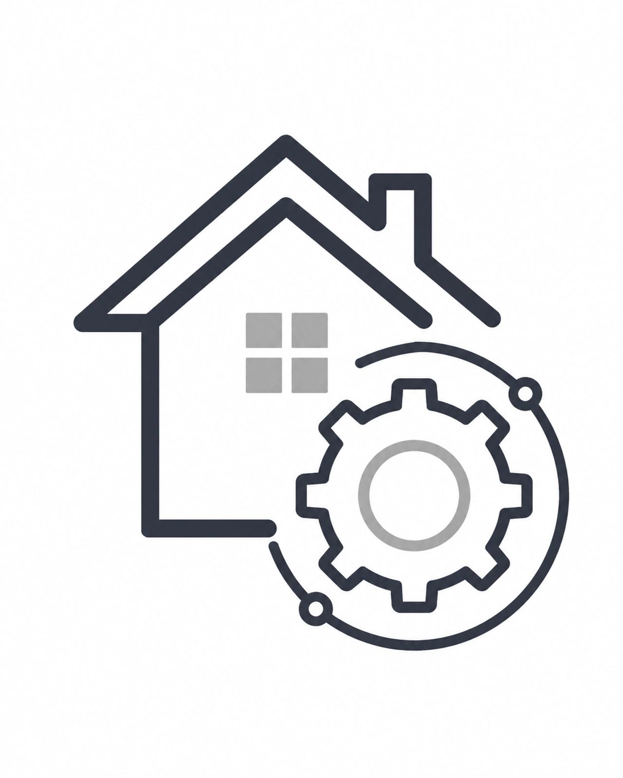 Minimalist icon of a house and a gear representing a real estate operating system