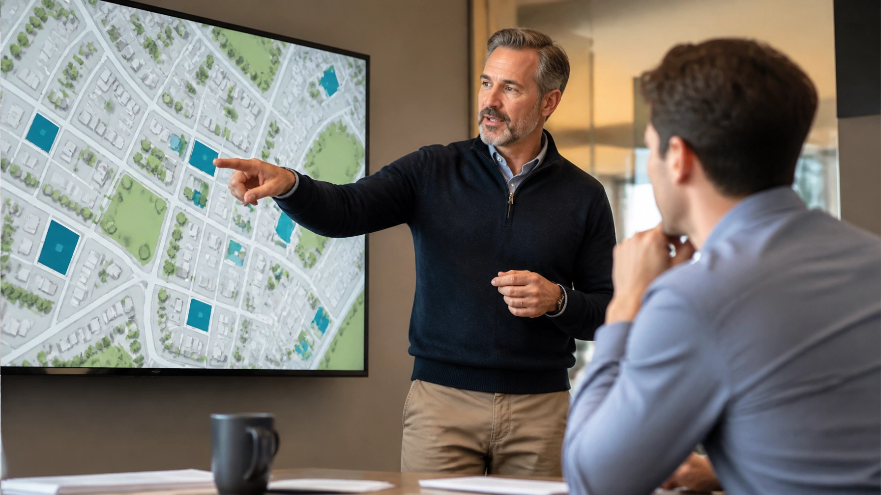 Mentor-advisor figure guiding a colleague through property data on a large monitor