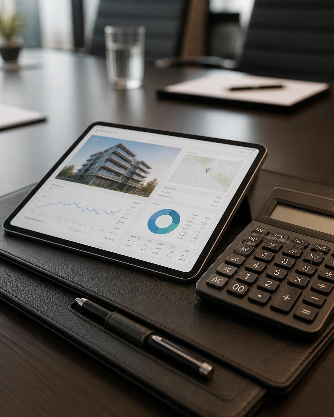 Close-up of professional financial tools and property analysis data on a tablet
