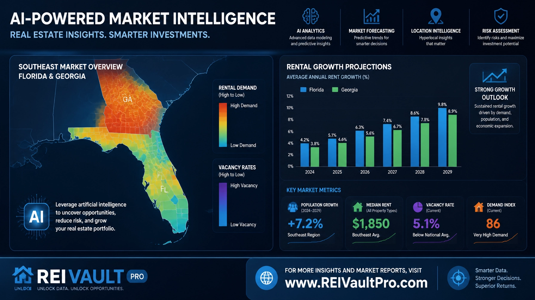AI market intelligence map showing rental demand and vacancy trends in Florida and Georgia