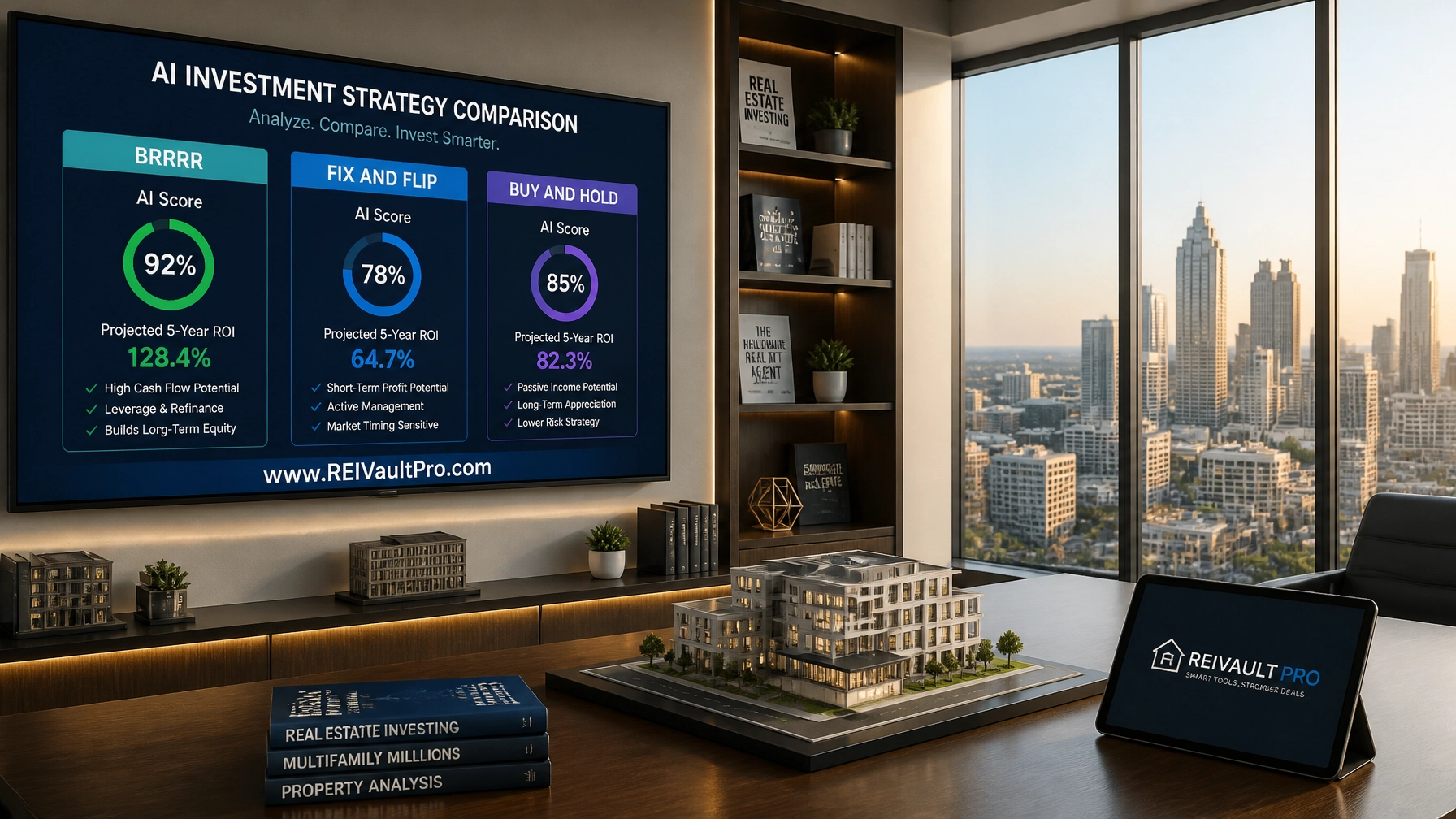 AI tool comparing investment strategies like BRRRR, Fix and Flip, and Buy and Hold