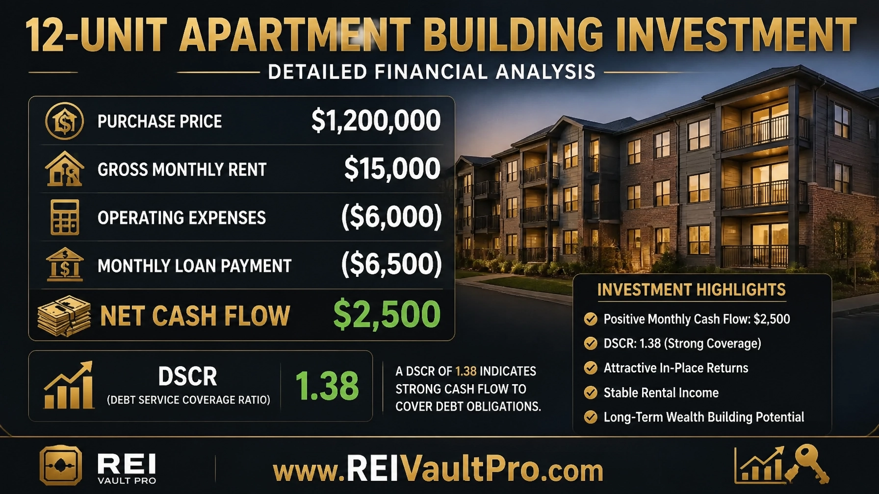 Financial breakdown for a 12-unit apartment building showing DSCR and cash flow