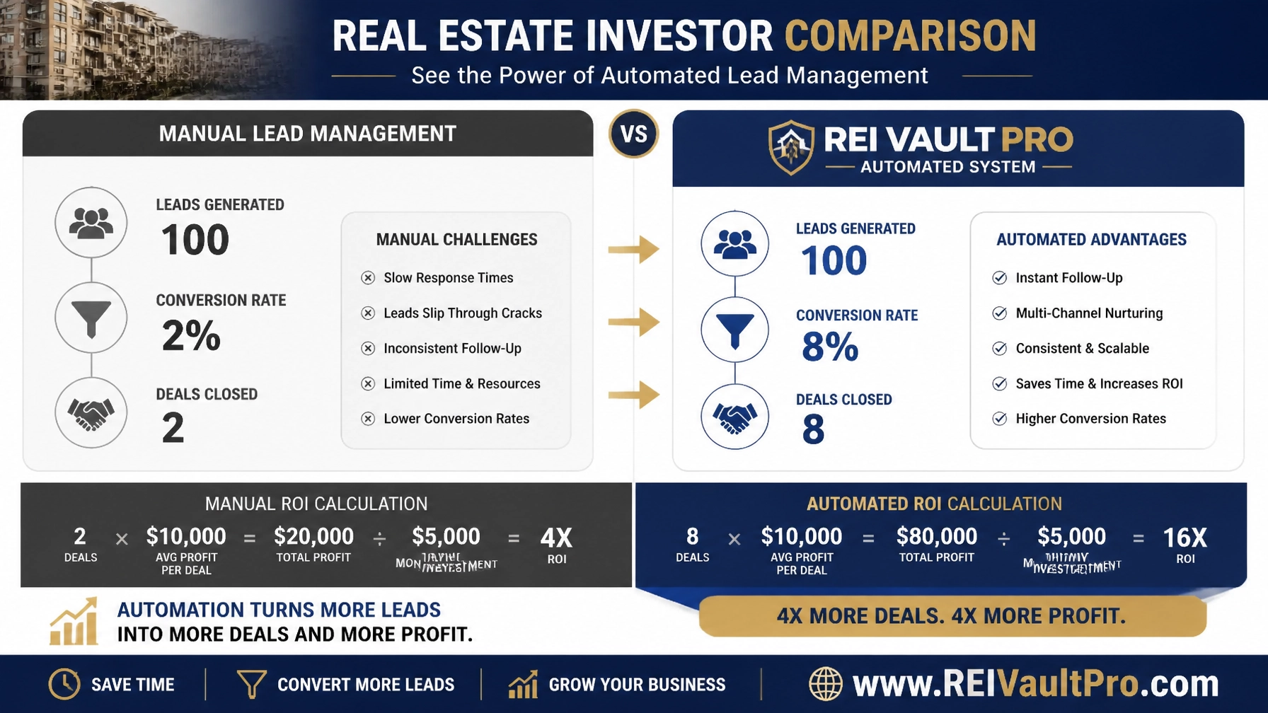 A professional financial infographic comparing manual vs automated lead management.