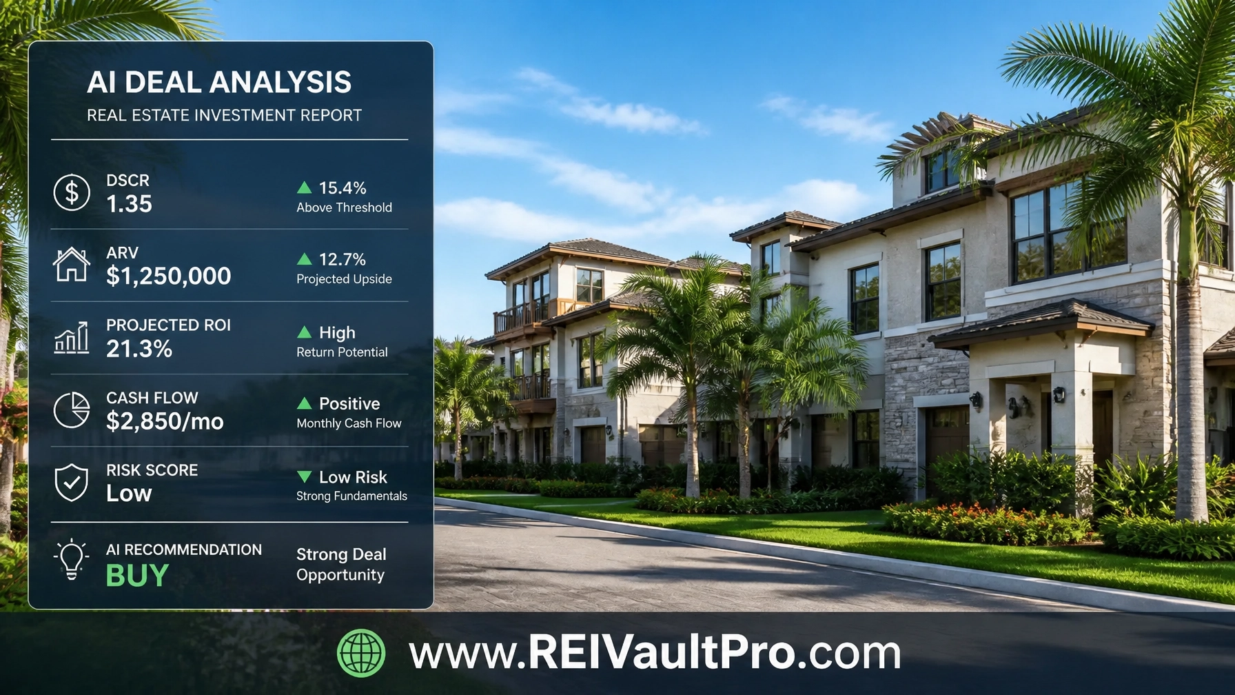 A landscape image showing modern residential properties with an AI Deal Analysis overlay.