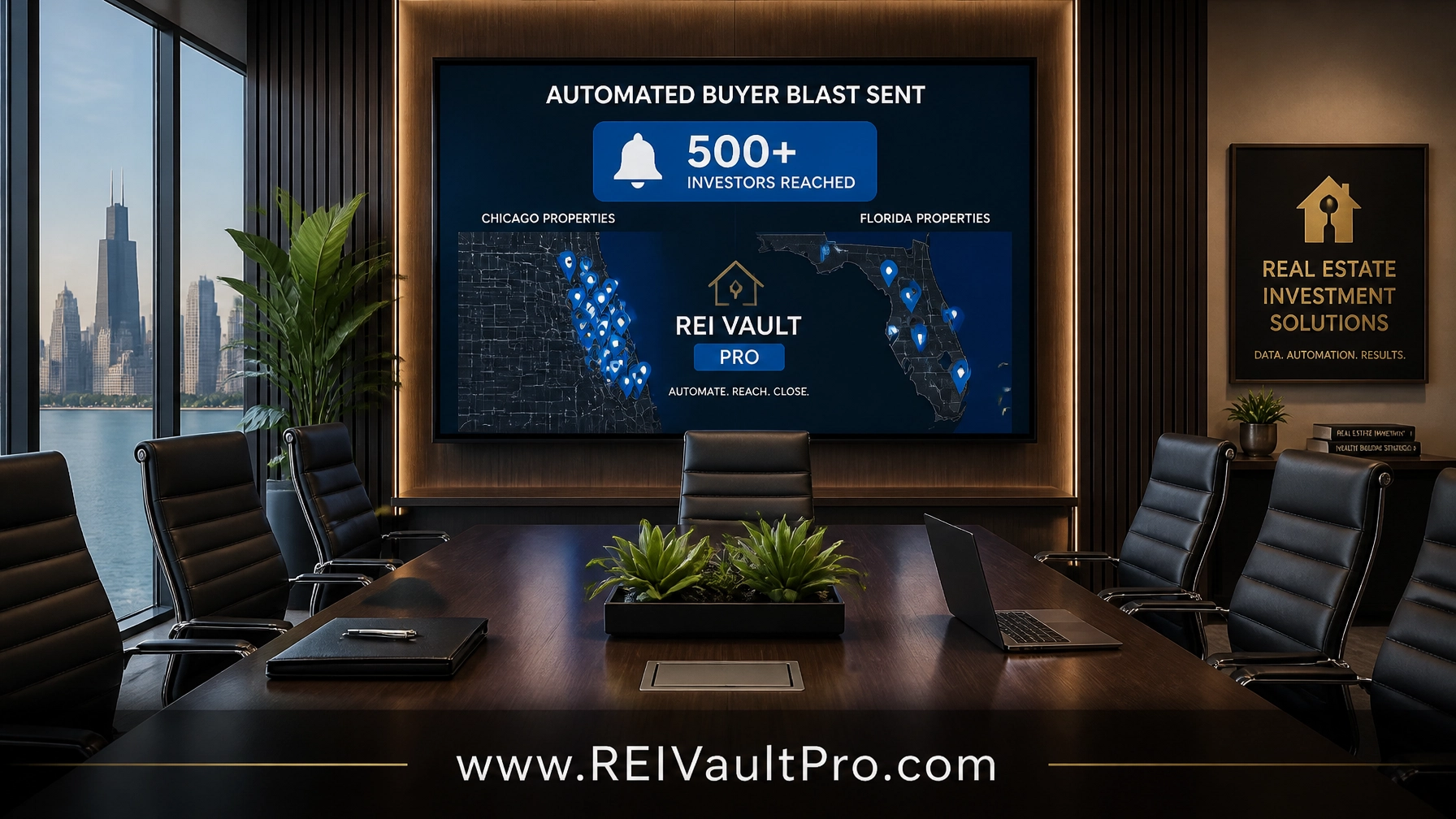 A landscape image of an automated buyer blast being sent to a database of investors.