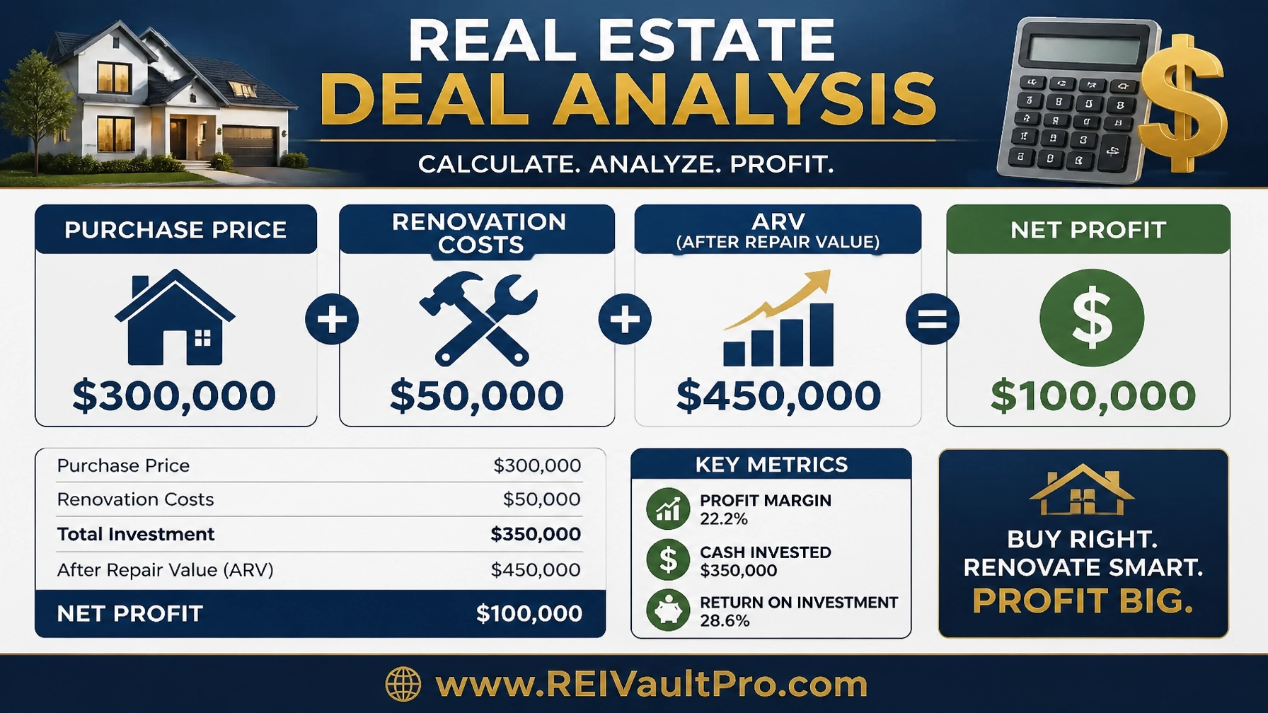 Real estate deal analysis calculation showing purchase price, rehab, and ARV