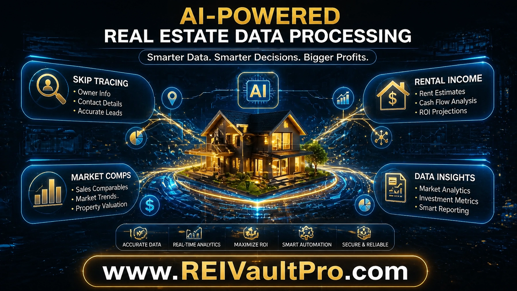 AI-powered real estate data processing concept showing skip tracing and market comps
