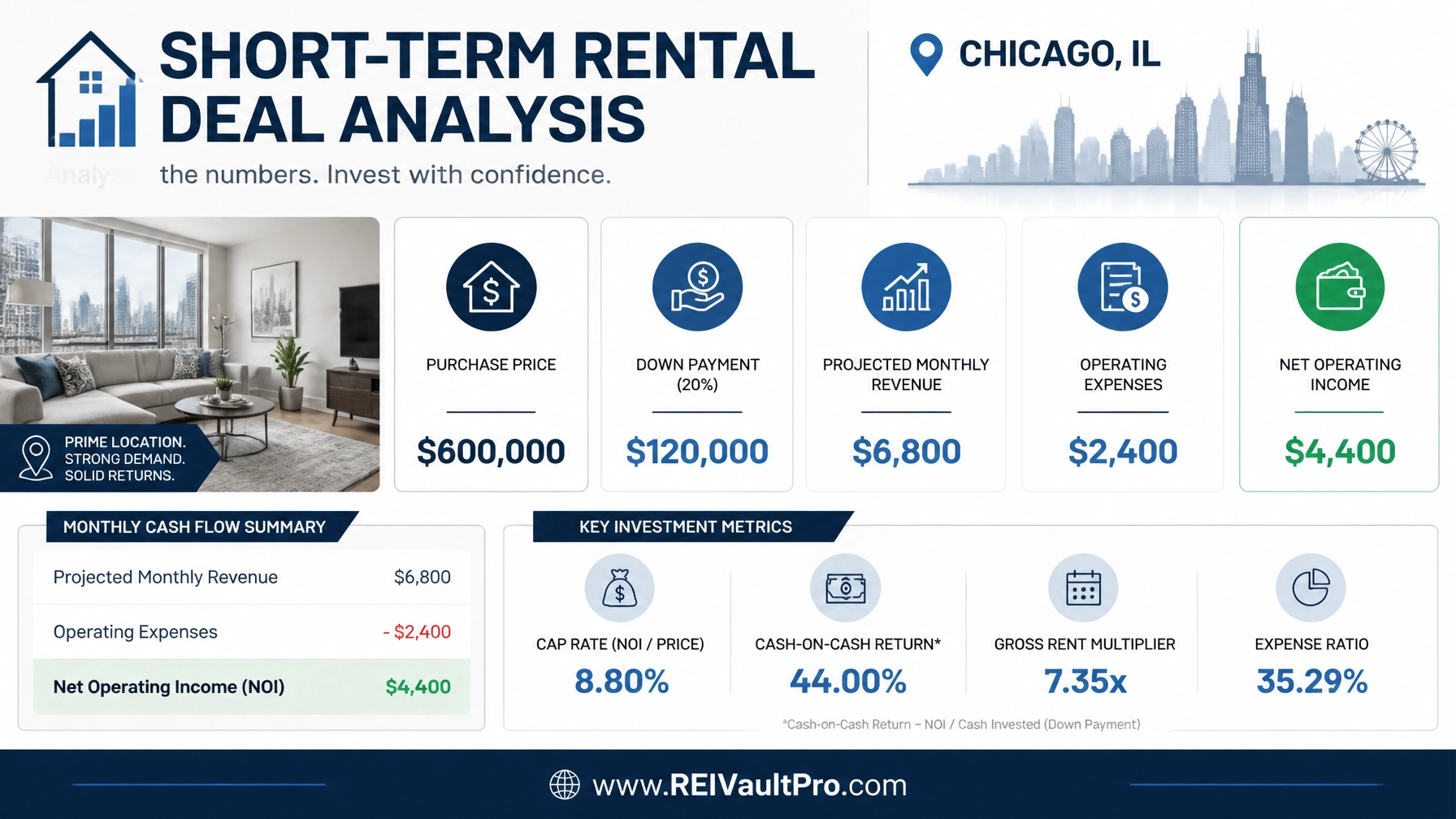 A professional financial infographic showing STR Deal Analysis for a $600,000 property.