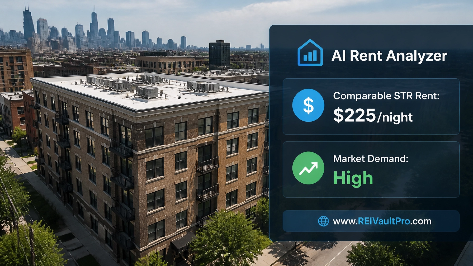 An aerial view of a multi-unit apartment building with a digital overlay showing AI Rent Analyzer results.