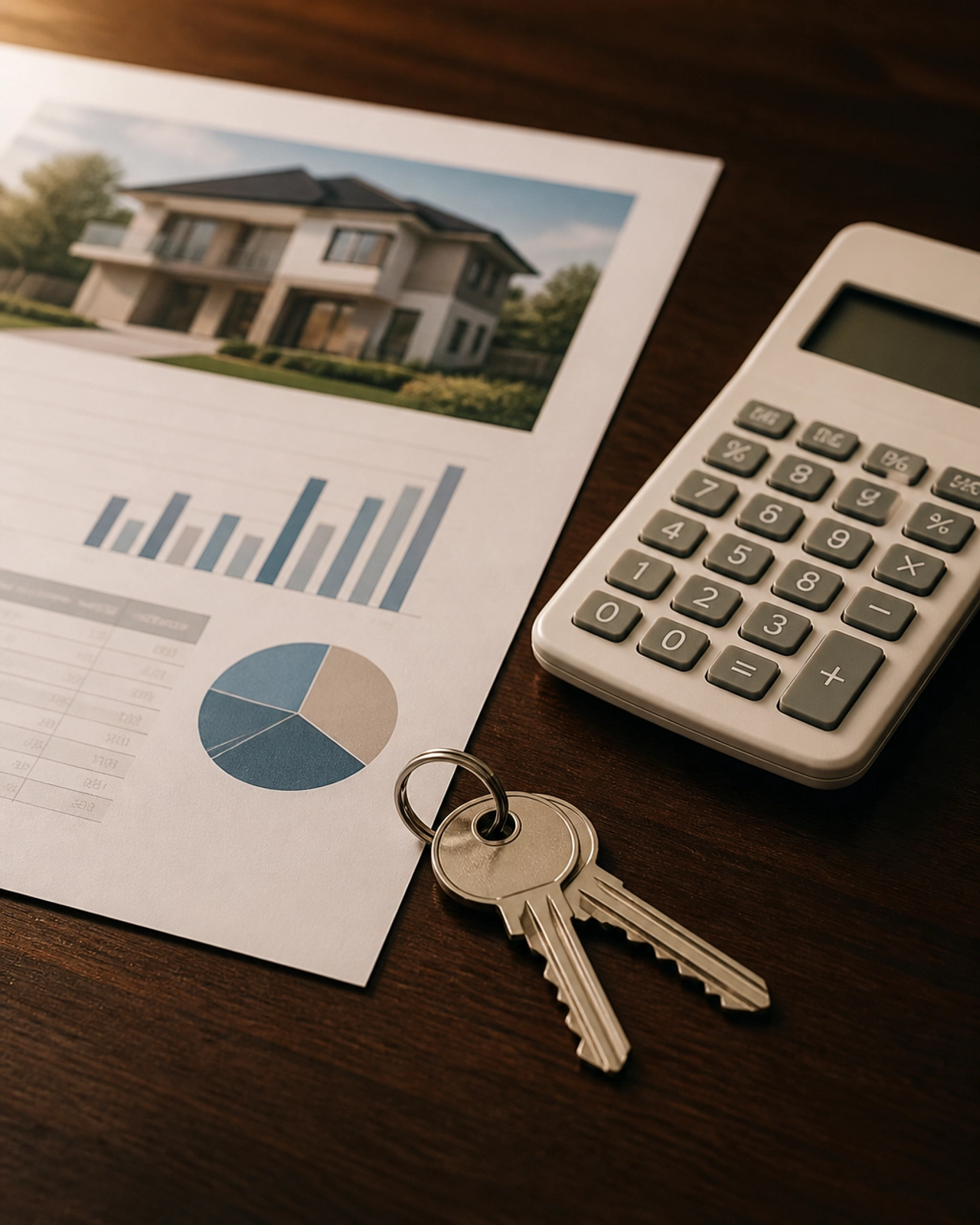 Close-up of keys and a calculator on a property analysis report