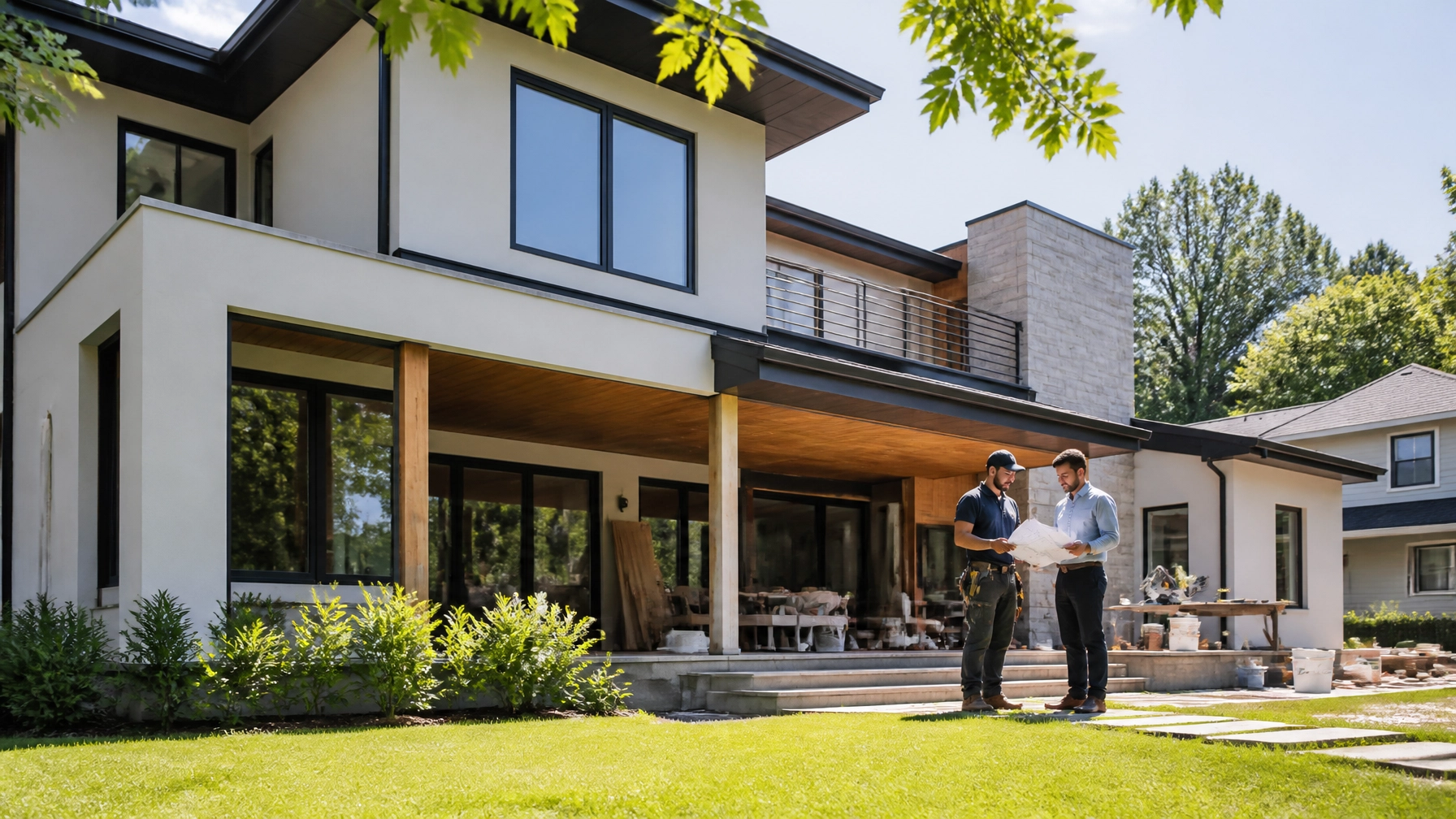 Suburban house undergoing renovation with an investor and contractor