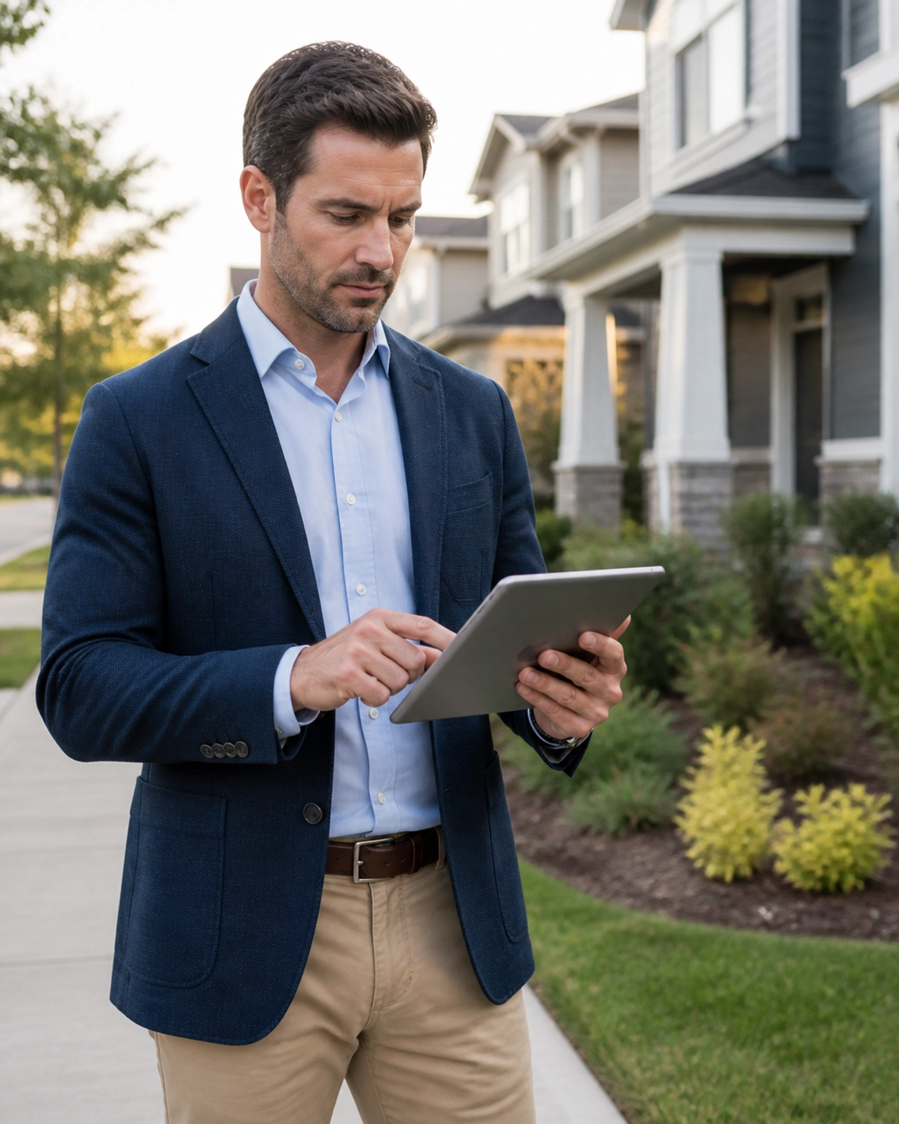 Real estate investor reviewing data on a tablet in a suburban neighborhood