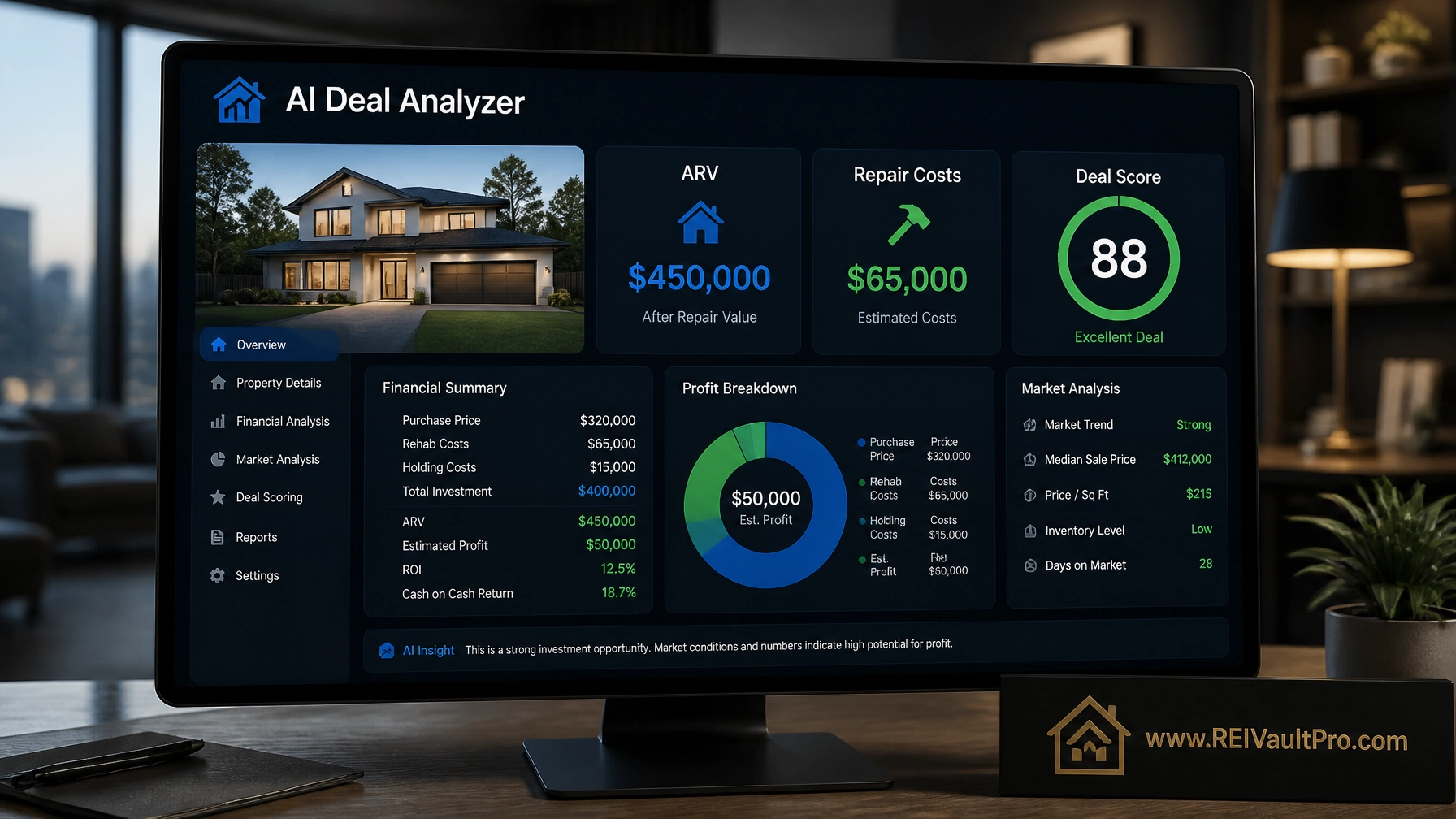 Professional financial dashboard showing AI Deal Analyzer metrics and property data.