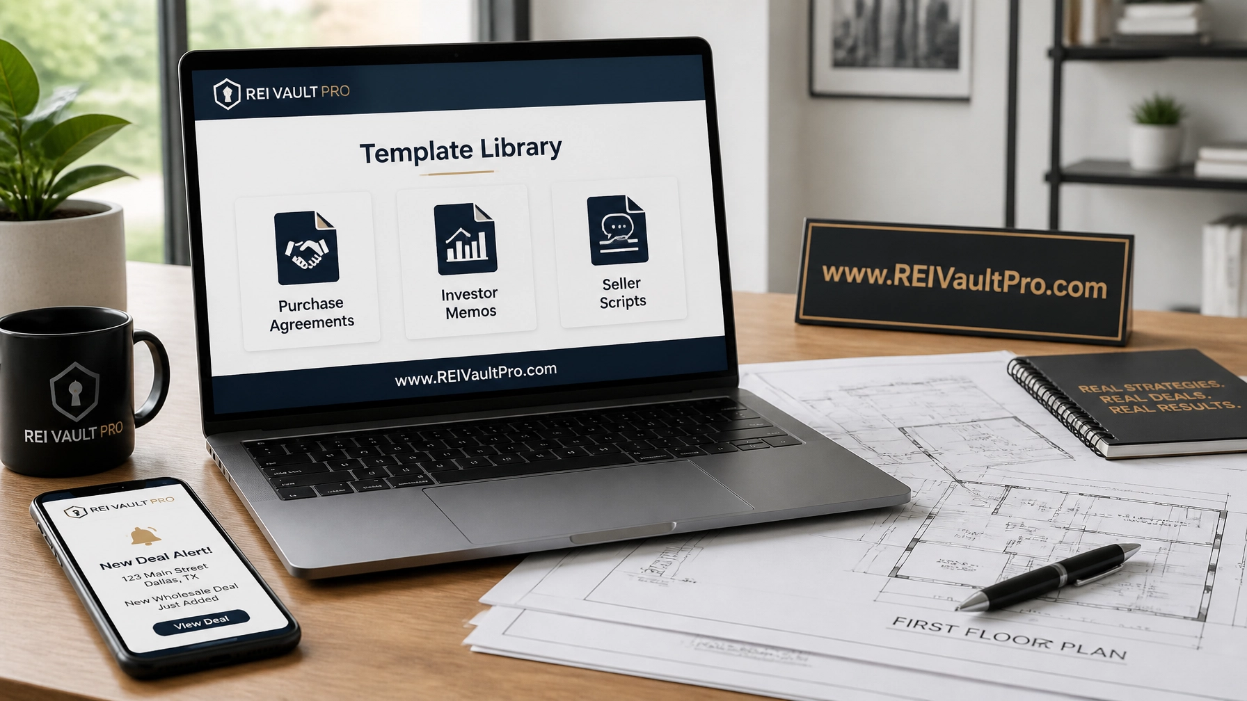 Professional workspace showing a laptop with a real estate template library and architectural plans.