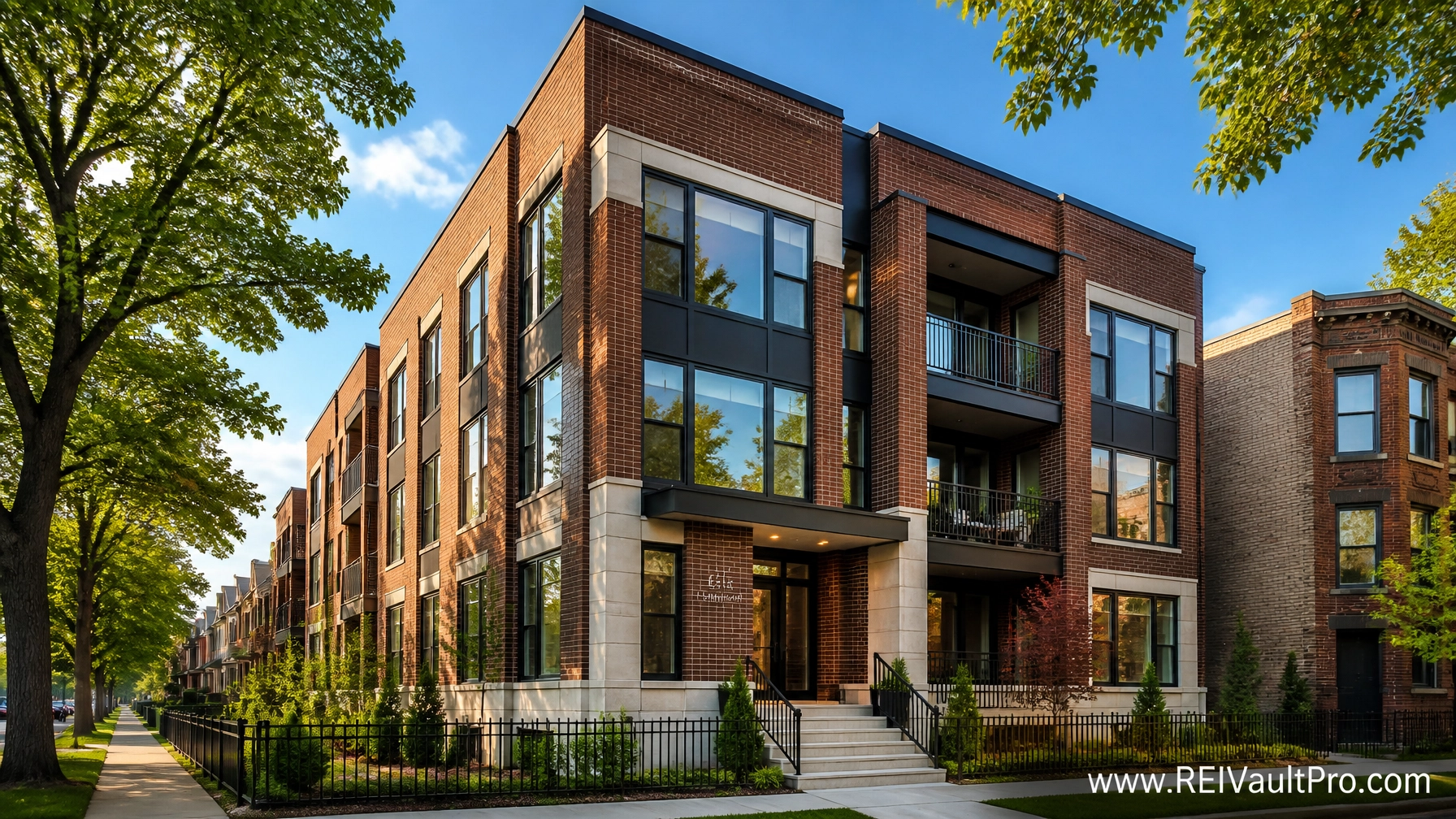 Modern multi-family apartment building in a Chicago neighborhood like Bronzeville with professional lighting.